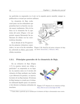 44 Cap´ıtulo 1. Introducci´on general
tar part´ıculas en suspensi´on en el aire en la segunda guerra mundial, aunque su
publicaci´on se retras´o por motivos militares.
Figura 1.16: Esquema del primer cit´ometro de ﬂujo
con Sorter (Kamentsky y Melamed, 1967).
La citometr´ıa de ﬂujo evolu-
cion´o junto con los ordenadores que
permit´ıan hacer su funci´on con mu-
cho mayor rendimiento. Otro de los
hitos en la citometr´ıa fue la apa-
rici´on del sorter (Figura 1.16) que
permite separar f´ısicamente las po-
blaciones de c´elulas con las carac-
ter´ısticas deseadas.
En la d´ecada de los 70 aparecie-
ron los primeros cit´ometros comer-
ciales y su uso se ha ido extendien-
do, sobretodo en cl´ınica, para medir
c´elulas eucariotas.
1.3.1. Principios generales de la citometr´ıa de ﬂujo.
Figura 1.17: Esquema de un cit´ometro de ﬂujo.
http://ﬂow.csc.mrc.ac.uk/?page id=852.
En un cit´ometro de ﬂujo (Figura
1.17) la muestra inicial son c´elulas o
part´ıculas42
en suspensi´on en un l´ıqui-
do. La muestra entra en el circuito del
cit´ometro de ﬂujo mediante una bomba
o por diferencia de presi´on y es inyecta-
da dentro de un ﬂujo laminar. El sistema
de ﬂujo laminar es creado por el cit´ome-
tro utilizando l´ıquido ajeno a la muestra
y ´este discurre en l´aminas ordenadas sin
mezclarse.
42
Cada c´elula o part´ıcula que es medida por el cit´ometro de ﬂujo es denominada como evento.
 
