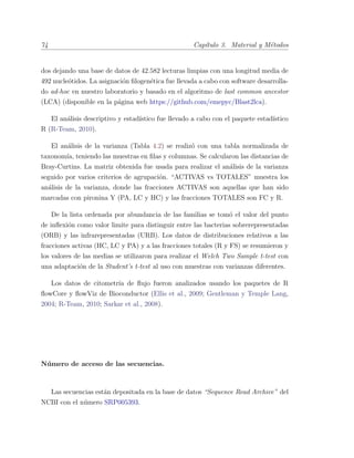 74 Cap´ıtulo 3. Material y M´etodos
dos dejando una base de datos de 42.582 lecturas limpias con una longitud media de
492 nucle´otidos. La asignaci´on ﬁlogen´etica fue llevada a cabo con software desarrolla-
do ad-hoc en nuestro laboratorio y basado en el algoritmo de last common ancestor
(LCA) (disponible en la p´agina web https://github.com/emepyc/Blast2lca).
El an´alisis descriptivo y estad´ıstico fue llevado a cabo con el paquete estad´ıstico
R (R-Team, 2010).
El an´alisis de la varianza (Tabla 4.2) se realiz´o con una tabla normalizada de
taxonom´ıa, teniendo las muestras en ﬁlas y columnas. Se calcularon las distancias de
Bray-Curtins. La matriz obtenida fue usada para realizar el an´alisis de la varianza
seguido por varios criterios de agrupaci´on. “ACTIVAS vs TOTALES” muestra los
an´alisis de la varianza, donde las fracciones ACTIVAS son aquellas que han sido
marcadas con pironina Y (PA, LC y HC) y las fracciones TOTALES son FC y R.
De la lista ordenada por abundancia de las familias se tom´o el valor del punto
de inﬂexi´on como valor limite para distinguir entre las bacterias sobrerepresentadas
(ORB) y las infrarepresentadas (URB). Los datos de distribuciones relativos a las
fracciones activas (HC, LC y PA) y a las fracciones totales (R y FS) se resumieron y
los valores de las medias se utilizaron para realizar el Welch Two Sample t-test con
una adaptaci´on de la Student’s t-test al uso con muestras con varianzas diferentes.
Los datos de citometr´ıa de ﬂujo fueron analizados usando los paquetes de R
ﬂowCore y ﬂowViz de Bioconductor (Ellis et al., 2009; Gentleman y Temple Lang,
2004; R-Team, 2010; Sarkar et al., 2008).
N´umero de acceso de las secuencias.
Las secuencias est´an depositada en la base de datos “Sequence Read Archive” del
NCBI con el n´umero SRP005393.
 