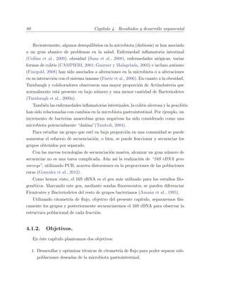 80 Cap´ıtulo 4. Resultados y desarrollo argumental
Recientemente, algunos desequilibrios en la microbiota (disbiosis) se han asociado
a un gran abanico de problemas en la salud. Enfermedad inﬂamatoria intestinal
(Collins et al., 2009), obesidad (Sanz et al., 2008), enfermedades at´opicas, varias
formas de colitis (CAMPIERI, 2001; Guarner y Malagelada, 2003) e incluso autismo
(Finegold, 2008) han sido asociados a alteraciones en la microbiota o a alteraciones
en su interacci´on con el sistema inmune (Furrie et al., 2006). En cuanto a la obesidad,
Turnbaugh y colaboradores observaron una mayor proporci´on de Actinobateria que
normalmente est´a presente en bajo n´umero y una menor cantidad de Bacteriodetes
(Turnbaugh et al., 2009a).
Tambi´en las enfermedades inﬂamatorias intestinales, la colitis ulcerosa y la pouchitis
han sido relacionadas con cambios en la microbiota gastrointestinal. Por ejemplo, un
incremento de bacterias anaerobias gram negativas ha sido considerado como una
microbiota potencialmente “da˜nina”(Tamboli, 2004).
Para estudiar un grupo que est´e en baja proporci´on en una comunidad se puede
aumentar el esfuerzo de secuenciaci´on, o bien, se puede fraccionar y secuenciar los
grupos obtenidos por separado.
Con las nuevas tecnolog´ıas de secuenciaci´on masiva, alcanzar un gran n´umero de
secuencias no es una tarea complicada. A´un as´ı la realizaci´on de “16S rDNA gene
surveys”, utilizando PCR, acarrea distorsiones en la proporciones de las poblaciones
raras (Gonzalez et al., 2012).
Como hemos visto, el 16S rRNA es el gen m´as utilizado para los estudios ﬁlo-
gen´eticos. Marcando este gen, mediante sondas ﬂuorescentes, se pueden diferenciar
Firmicutes y Bacteriodetes del resto de grupos bacterianos (Amann et al., 1995).
Utilizando citometr´ıa de ﬂujo, objetivo del presente cap´ıtulo, separaremos f´ısi-
camente los grupos y posteriormente secuenciaremos el 16S rDNA para observar la
estructura poblacional de cada fracci´on.
4.1.2. Objetivos.
En ´este cap´ıtulo planteamos dos objetivos:
1. Desarrollar y optimizar t´ecnicas de citometr´ıa de ﬂujo para poder separar sub-
poblaciones deseadas de la microbiota gastrointestinal.
 
