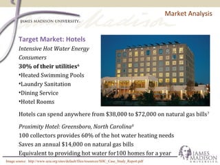 Market Analysis
Target Market: Hotels
Intensive Hot Water Energy
Consumers
30% of their utilities6
•Heated Swimming Pools
•Laundry Sanitation
•Dining Service
•Hotel Rooms
Hotels can spend anywhere from $38,000 to $72,000 on natural gas bills7
Proximity Hotel: Greensboro, North Carolina8
100 collectors provides 60% of the hot water heating needs
Saves an annual $14,000 on natural gas bills
Equivalent to providing hot water for100 homes for a year
Image source: http://www.seia.org/sites/default/files/resources/SHC_Case_Study_Report.pdf
 
