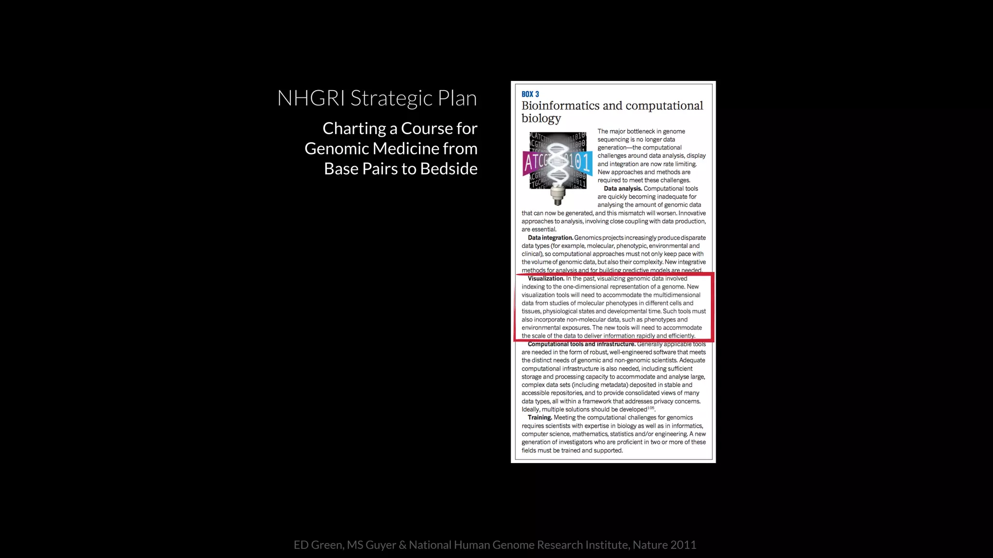 ED Green, MS Guyer & National Human Genome Research Institute, Nature 2011
Charting a Course for
Genomic Medicine from
Base Pairs to Bedside
NHGRI Strategic Plan
 