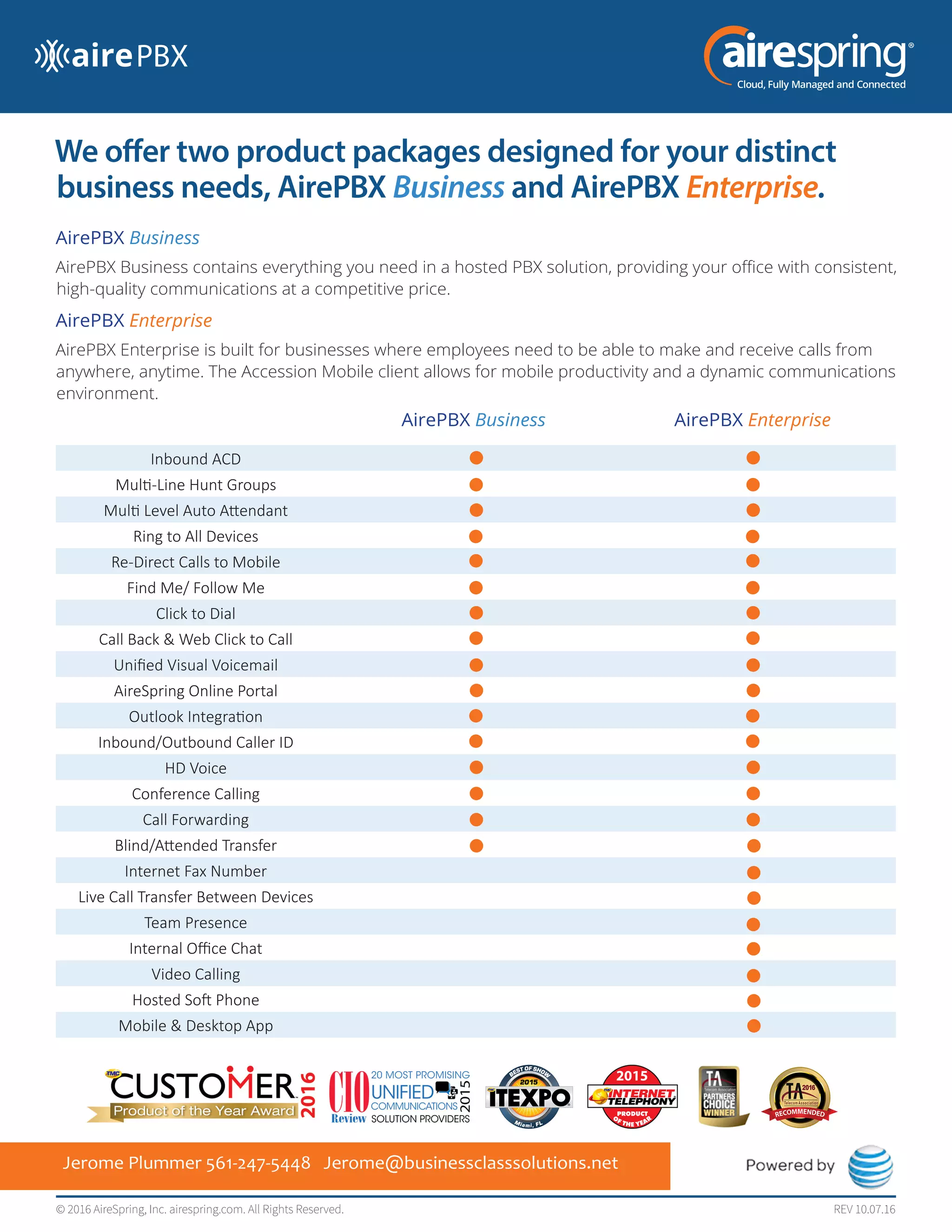 We offer two product packages designed for your distinct
business needs, AirePBX Business and AirePBX Enterprise.
AirePBX Business
AirePBX Business contains everything you need in a hosted PBX solution, providing your office with consistent,
high-quality communications at a competitive price.
AirePBX Enterprise
AirePBX Enterprise is built for businesses where employees need to be able to make and receive calls from
anywhere, anytime. The Accession Mobile client allows for mobile productivity and a dynamic communications
environment.
AirePBX Business AirePBX Enterprise
Inbound ACD
Multi-Line Hunt Groups
Multi Level Auto Attendant
Ring to All Devices
Re-Direct Calls to Mobile
Find Me/ Follow Me
Click to Dial
Call Back & Web Click to Call
Unified Visual Voicemail
AireSpring Online Portal
Outlook Integration
Inbound/Outbound Caller ID
HD Voice
Conference Calling
Call Forwarding
Blind/Attended Transfer
Internet Fax Number
Live Call Transfer Between Devices
Team Presence
Internal Office Chat
Video Calling
Hosted Soft Phone
Mobile & Desktop App
Jerome Plummer 561-247-5448 Jerome@businessclasssolutions.net
REV 10.07.16© 2016 AireSpring, Inc. airespring.com. All Rights Reserved.
 