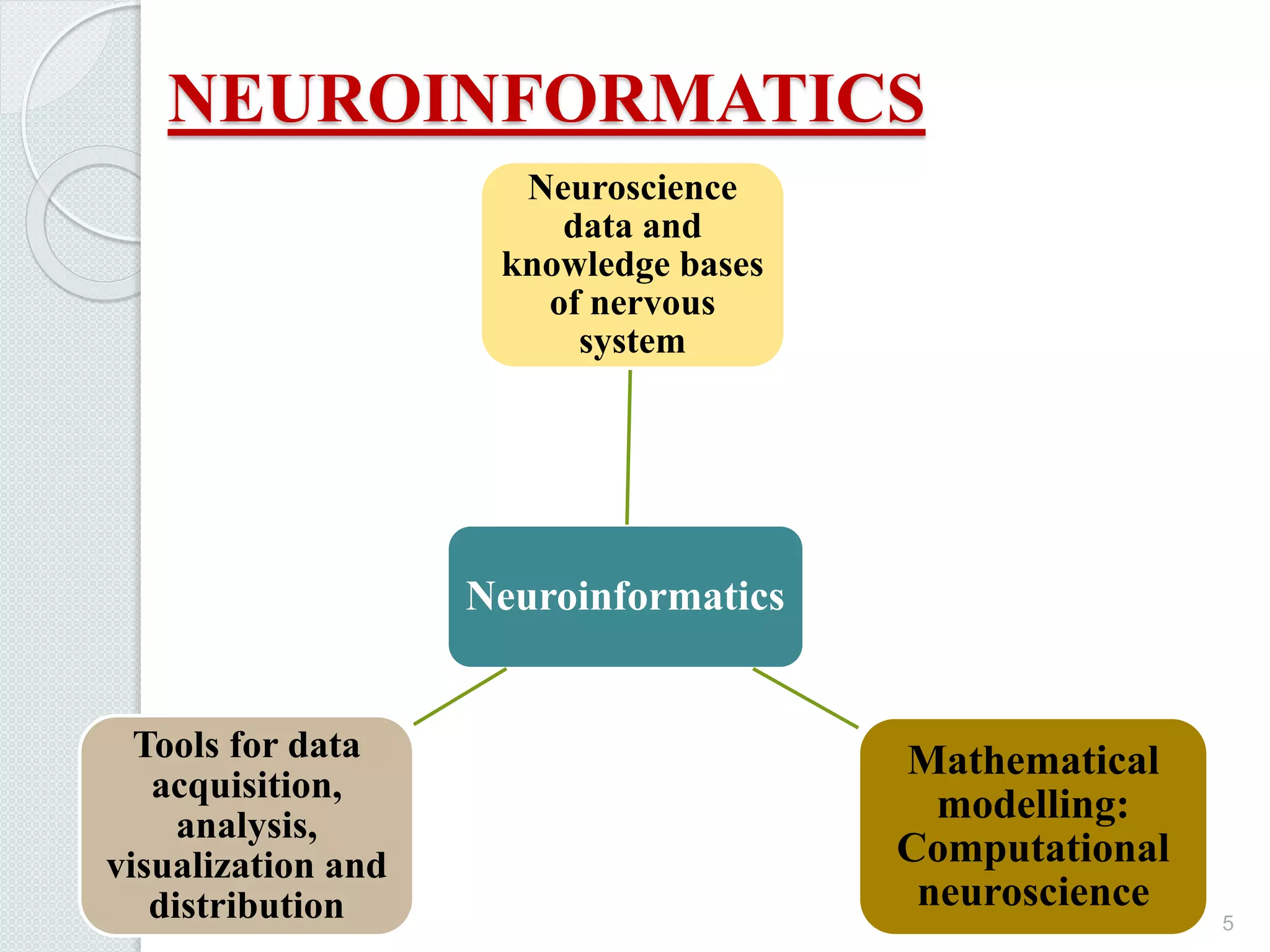 NEUROINFORMATICS
Neuroinformatics
Neuroscience
data and
knowledge bases
of nervous
system
Mathematical
modelling:
Computational
neuroscience
Tools for data
acquisition,
analysis,
visualization and
distribution 5
 