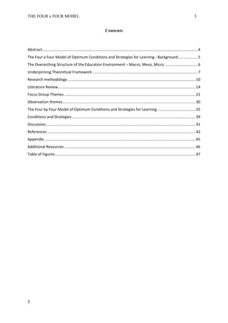 THE FOUR x FOUR MODEL 3
Contents
Abstract...................................................................................................................................................4
The Four x Four Model of Optimum Conditions and Strategies for Learning - Background ..................5
The Overarching Structure of the Education Environment – Macro, Meso, Micro................................6
Underpinning Theoretical Framework....................................................................................................7
Research methodology .........................................................................................................................10
Literature Review..................................................................................................................................14
Focus Group Themes ............................................................................................................................21
Observation themes..............................................................................................................................30
The Four by Four Model of Optimum Conditions and Strategies for Learning ....................................35
Conditions and Strategies.....................................................................................................................39
Discussion..............................................................................................................................................41
References ............................................................................................................................................42
Appendix ...............................................................................................................................................45
Additional Resources ............................................................................................................................46
Table of Figures.....................................................................................................................................47
3
 
