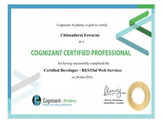 Cognizant Academy is glad to certify
Chinnadurai Eswaran
as a
for having successfully completed the
Certified Developer - RESTful Web Services
on 29-Jun-2016
 