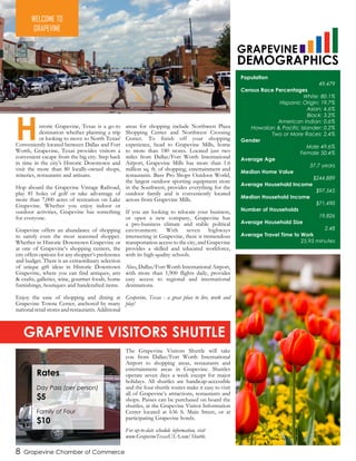Historic Grapevine, Texas is a go-to
destination whether planning a trip
or looking to move to North Texas!
Conveniently located between Dallas and Fort
Worth, Grapevine, Texas provides visitors a
convenient escape from the big city. Step back
in time in the city’s Historic Downtown and
visit the more than 80 locally-owned shops,
wineries, restaurants and artisans.
Hop aboard the Grapevine Vintage Railroad,
play 81 holes of golf or take advantage of
more than 7,000 acres of recreation on Lake
Grapevine. Whether you enjoy indoor or
outdoor activities, Grapevine has something
for everyone.
Grapevine offers an abundance of shopping
to satisfy even the most seasoned shopper.
Whether in Historic Downtown Grapevine or
at one of Grapevine’s shopping centers, the
city offers options for any shopper’s preference
and budget. There is an extraordinary selection
of unique gift ideas in Historic Downtown
Grapevine, where you can find antiques, arts
& crafts, galleries, wine, gourmet foods, home
furnishings, boutiques and handcrafted items.
Enjoy the ease of shopping and dining at
Grapevine Towne Center, anchored by many
national retail stores and restaurants. Additional
areas for shopping include Northwest Plaza
Shopping Center and Northwest Crossing
Center. To finish off your shopping
experience, head to Grapevine Mills, home
to more than 180 stores. Located just two
miles from Dallas/Fort Worth International
Airport, Grapevine Mills has more than 1.6
million sq. ft. of shopping, entertainment and
restaurants. Bass Pro Shops Outdoor World,
the largest outdoor sporting equipment store
in the Southwest, provides everything for the
outdoor family and is conveniently located
across from Grapevine Mills.
If you are looking to relocate your business,
or open a new company, Grapevine has
a pro-business climate and stable political
environment. With seven highways
intersecting in Grapevine, there is tremendous
transportation access to the city, and Grapevine
provides a skilled and educated workforce,
with its high-quality schools.
Also, Dallas/Fort Worth International Airport,
with more than 1,900 flights daily, provides
easy access to regional and international
destinations.
Grapevine, Texas - a great place to live, work and
play!
8 Grapevine Chamber of Commerce
The Grapevine Visitors Shuttle will take
you from Dallas/Fort Worth International
Airport to shopping areas, restaurants and
entertainment areas in Grapevine. Shuttles
operate seven days a week except for major
holidays. All shuttles are handicap-accessible
and the four shuttle routes make it easy to visit
all of Grapevine’s attractions, restaurants and
shops. Passes can be purchased on board the
shuttles, at the Grapevine Visitor Information
Center located at 636 S. Main Street, or at
participating Grapevine hotels.
For up-to-date schedule information, visit
www.GrapevineTexasUSA.com/Shuttle.
GRAPEVINE VISITORS SHUTTLE
Rates
Day Pass (per person)
$5
Family of Four
$10
WELCOME TO
GRAPEVINE
GRAPEVINE
DEMOGRAPHICS
Population
49,479
Census Race Percentages
White: 80.1%
Hispanic Origin: 19.7%
Asian: 4.6%
Black: 3.2%
American Indian: 0.6%
Hawaiian & Pacific Islander: 0.2%
Two or More Races: 2.4%
Gender
Male 49.6%
Female 50.4%
Average Age
37.7 years
Median Home Value
$244,889
Average Household Income
$97,545
Median Household Income
$71,490
Number of Households
19,826
Average Household Size
2.48
Average Travel Time to Work
25.93 minutes
Botanical Gardens at Heritage Park
Main Street in Grapevine
 