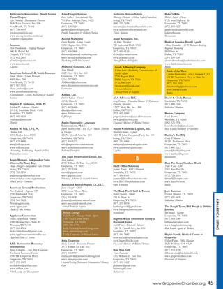 www.GrapevineChamber.org 45
ALPHABETICALLISTING
Alzheimer’s Association - North Central
Texas Chapter
Lyn Downing - Development Director
2630 West Freeway, Ste. 100
Fort Worth, TX 76102
(817) 336-4949
lyn.downing@alz.org
www.alz.org/northcentraltexas
Nonprofit Organizations
Amazon
Dan Piontkowski - Staffing Manager
940 W. Bethel Rd.
Coppell, TX 75019
(972) 462-2801
piontkow@amazon.com
www.amazon.com
Logistics
American Airlines C.R. Smith Museum
Shane Melvin - Events Manager
4601 Hwy. 360
Fort Worth, TX 76155
(817) 967-5910
shane.melvin@aa.com
www.crsmithmuseum.org
Entertainment - Events, Recreation & Related
Services
Stephen P. Anderson, DDS, PC
Stephen P. Anderson - Dentist
2915 E. Southlake Blvd., #100
Southlake, TX 76092
(817) 481-6553
1sadocsa@msn.com
Dentists
Andrea M. Still, CPA, PC
Andrea Still
4851 Merlot Ave., #510
Grapevine, TX 76051
(817) 421-8800
ann@still-cpa.com
www.still-cpa.com
Accounting, Bookkeeping, Payroll & Tax
Preparation Services
Angie Metzger, Independent Sales
Director for Mary Kay
Angie Metzger - Independent Sales Director
Irving, TX 75063
(972) 322-2226
angiemetzger@marykay.com
www.marykay.com/angiemetzger
Skin Care & Cosmetics
American General Productions
Peter Galanek - Regional VP
1920 Enchanted Way
Grapevine, TX 76051
(214) 541-5822
Peter@agpav.com
www.agpav.com
Audio/Video Services
Appliance Connection
Dedra Hilderbrand - Owner
6500 Denton Hwy., Suite B2
Watauga, TX 76148
(817) 281-8324
dedra.hilderbrand@gmail.com
www.applianceconnectiondfw.net
Appliance Sales & Service
ARI - Automotive Resources
International
Marc Villalobos - Asst. Mgr. Grapevine
Technical Resource Center
2550 SW Grapevine Pkwy.
Grapevine, TX 76051
(817) 251-4425
mvillalobos@arifleet.com
www.arifleet.com
Fleet Leasing and Management
Aries Freight Systems
Gary Gilbert - International Mgr.
751 Port America Place, #425
Grapevine, TX 76051
(817) 424-3110
ggilbert@ariesfreight.com
Freight Forwarders & Delivery Services
Ascend Marketing
Darcy Borutta - Group Leader
1450 Hughes Rd., #106
Grapevine, TX 76051
(817) 416-3800
dborutta@ascend-marketing.com
www.ascend-marketing.com
Marketing & Related Services
ASDierolf Concrete, LLC
Tony Dierolf
1527 Hwy. 114, Ste. 500
Grapevine, TX 76051
(214) 797-5825
ASDierolf@yahoo.com
www.decorativeconcretetexas.com
Contractors
Ashlins, Ltd.
Debbie Kellum - Owner
413 S. Main St.
Grapevine, TX 76051
(817) 442-0400
dlkel@ashlins.com
www.Ashlins.com
Gift Shops
Aspire: Innovative Language
Interventions, PLLC
Jeffrey Marler, PhD, CCC-SLP - Owner, Director
of Therapy
430 N. Carroll Ave, Ste. 110
Southlake, TX 76092
(817) 416-5374
info@aspireinterventions.com
www.aspireinterventions.com
Pediatric Therapists
The Asset Preservation Group, Inc.
Steve Jenkins
2750 William D. Tate Ave., #100
Grapevine, TX 76051
(817) 251-1008
steve@apgmsh.com
www.apgmsh.com
Financial Advisors & Related Services
Associated Aircraft Supply Co., LLC
Jason Frazier - CEO
3250 Stone Myers Pkwy.
Grapevine, TX 76051
(214) 331-4381
jfrazier@associated-aircraft.com
www.associated-aircraft.com
Aircraft Parts & Supplies
Atria Grapevine
Shelia Carwile - Executive Director
3975 William D. Tate Ave.
Grapevine, TX 76051
(817) 416-8907
shelia.carwile@atriaseniorliving.com
www.atriagrapevine.com
Assisted Living/Retirement Communities/Memory
Care
Authentic African Safaris
Murtaza Hasanie - African Safari Consultant
Irving, TX 75063
(800) 219-7014
tanzania@authenticafricasafaris.com
www.authenticafricansafaris.net
Travel Agencies
Avant Aerospace, Inc.
Al Zito - President
720 Industrial Blvd., #500
Grapevine, TX 76051
(817) 416-0110
al.zito@avantaero.com
www.avantaero.com
Aircraft Parts & Supplies
AXA Advisors, LLC
Greg Krewson - Financial Planner & Retirement
Planning Specialist
12377 Merit Dr., Ste. 1500
Dallas, TX 75251
(972) 455-9063
gregory.krewson@axa-advisors.com
www.gregkrewson.com
Financial Advisors & Related Services
Axiom Worldwide Logistix, Inc.
Maribel Chijon - Exports
4251 W John Carpenter Fwy., Ste. 100
Irving, TX 75063
(469) 242-4400
mchijon@axiomwwlogistix.com
www.axiomwwlogistix.com
Logistics
B&H Office Solutions
Jeannie Norris - CEO/President
Southlake, TX 76092
(817) 430-8345
jeannie@bhofficesolutions.com
www.BHOfficeSolutions.com
Office Furniture
The Back Porch Grill & Tavern
Robert Rausch - Owner
210 N. Main St.
Grapevine, TX 76051
(817) 251-8434
heybackporch@gmail.com
www.backporchtavern.com
Restaurants
Bagwell Wicke Investment Group of
Raymond James
Scott Wicke - Financial Advisor
1130 N. Carroll Ave., Ste. 100
Southlake, TX 76092
(817) 310-7882
scott.wicke@raymondjames.com
www.bagwellwicke.com
Financial Advisors & Related Services
Baja Mex Grill
Tania Castanon
1212 William D. Tate Ave.
Grapevine, TX 76051
(817) 481-3422
gloisainc@gmail.com
bajamexgrill.com
Restaurants
Baker’s Ribs
Robert Austin - Owner
1720 State Highway 26
Grapevine, TX 76051
(972) 355-0227
grapevine@bakersribs.com
bakersribs.com
Restaurants
Bank of America Merrill Lynch
Alison Shumaker - SVP, Business Banking
Regional Marketing
901 Main St.
Dallas, TX 75202
(214) 209-9247
alison.shumaker@bankofamerica.com
www.bankofamerica.com
Banks
David & Cindy Barnes
Southlake, TX 76092
(817) 488-7468
Individual Members
Barron Company
Louis Barron
Westlake, TX 76262
(682) 521-0556
LouisBarronJr@gmail.com
Real Estate Developers & Investors
Bartley’s Bar-B-Q
Casey Wilkinson
413 E. Northwest Hwy.
Grapevine, TX 76051
(817) 481-3212
casey@bartleysbbq.com
www.bartleysbbq.com
Restaurants
Bass Pro Shops Outdoor World
Todd Ward - GM
2501 Bass Pro Dr.
Grapevine, TX 76051
(972) 724-2018
tbward@basspro.com
www.BassPro.com
Retail
Jack Bateman
Flower Mound, TX 75028
(972) 691-0420
Individual Members
The Baugh Team/Bill Baugh & Debbie
Jenkins
Bill Baugh - Realtor
Grapevine, TX 76051
(817) 308-2989
billbaugh@yahoo.com
www.baughrealestate.org
Real Estate Agents & Brokers
Baylor Family Medical Center at
Grapevine
Dillon Warne - Office Manager
2020 W. Hwy. 114, #120
Grapevine, TX 76051
(817) 912-8300
dillon.warne@baylorhealth.edu
www.grapevinedocs.com
Physicians & Surgeons
B
Atmos Energy
Kelly Pacleb - Manager Public Affairs
1550 Tech Centre Pkwy.
Arlington, TX 76014
(800) 286-6700
Kelly.Pacleb@AtmosEnergy.com
www.atmosenergy.com
Utility Companies & Related Services
Aviall, A Boeing Company
Victor Scott - Marketing Communications &
Public Affairs
2750 Regent Blvd.
DFW Airport, TX 75261
(972) 586-1000
victor.scott@aviall.com
www.aviall.com
Aircraft Parts & Supplies
Bank of the West
Cynthia Blankenship - Vice Chairman, COO
108 W. Northwest Hwy. at Main St.
Grapevine, TX 76051
(817) 310-3555
cblankenship@bnkwest.com
www.bnkwest.com
Banks
 