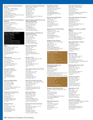 46 Grapevine Chamber of Commerce
Baylor Institute for Rehab-Outpatient
Services
Laurel Dupont - Regional Director
3101 E. State Hwy. 114, Ste. B
Southlake, TX 76092
(817) 251-6351
LDupont@bir-rehab.com
www.baylorhealth.com/PhysiciansLocations/
BIR/Pages/Default.aspx
Physicians & Surgeons
Baylor Scott & White Family Medicine at
Grapevine
Kay Sharpley - Administrator
1600 W. College St., Ste. LL10
Grapevine, TX 0
(817) 912-8510
kaybo@BaylorHealth.edu
www.BSWFamilyMedicineGrapevine.com
Physicians & Surgeons
BB&T
Michelle Caldwell - Market Leader
2450 Hall Johnson Rd.
Grapevine, TX 76051
(817) 601-9441
caldwell.michelle@BBandT.com
www.BBandT.com
Banks
BBVA Compass
Ann Boulom - Branch Retail Executive III
1205 S. Main St.
Grapevine, TX 76051
(817) 481-9688
Ngeunh.Boulom@bbva.com
www.bbvacompass.com
Banks
Bear Creek Golf Club
Brad Dutler - General Manager
3500 Bear Creek Ct.
Dallas, TX 76251
(972) 456-3200
bdutler@eaglegolf.com
www.bearcreek-golf.com
Golf
Bear Creek Spirits & Wine
Randy Johnson - Owner
7101 Colleyville Blvd.
Colleyville, TX 76034
(817) 251-8789
randyjohnson@bearcreekspirits.com
www.bearcreekspirits.com
Liquor Stores
Beatitudes Tea Room & Cafe
Alicia Christenson - Owner
216 W. Wall St.
Grapevine, TX 76051
(817) 488-8850
alicia@beatitudesgifts.com
www.beatitudesgifts.com
Tea Rooms
Bella Italia By Lee
Lee Truitt
Trophy Club, TX 76262
(817) 600-5871
lee@bellaitaliabylee.com
www.bellaitaliabylee.com
Travel Consultant
Berkeys Air Conditioning & Plumbing
Jamie Wooldridge - President
2875 Market Loop
Southlake, TX 76092
(817) 481-5869
info@berkeys.com
www.berkeys.com
Plumbing Services
Air Conditioning, Heating & Refrigeration
Electrical Contractors
Berkshire Hathaway HomeServices Lou
Hillman, REALTORS
Lou Hillman, Broker - Owner
203 E. Northwest Hwy.
Grapevine, TX 76051
(817) 481-2573
Lou@BHHSLH.com
www.bhhshillman.com
Real Estate Agents & Brokers
Berkshire Hathaway HomeServices
PenFed Realty Texas
Gloria Vargo - REALTOR
150 N. Nolen Dr.
Southlake, TX 76092
(214) 789-1076
gloria@gloriavargo.com
www.GloriaVargo.com
Real Estate Agents & Brokers
Bermuda Gold & Silver
Debi Meek - Owner
404 S. Main St.
Grapevine, TX 76051
(817) 481-5115
debimeek@hotmail.com
www.bermudagoldjewelry.com
Jewelry
Best Buy Co. Inc.
Marc Block - Manager Pacific Sales Dept.
1515 W. State Hwy. 114
Grapevine, TX 76051
(817) 442-9912
marc.block@pacificsales.com
www.bestbuy.com
Retail
Better Business Bureau of Fort Worth
Larry Taylor
1300 Summit Ave., #700
Fort Worth, TX 76102
(817) 332-7585
info@fwbbb.org
www.fortworth.bbb.org
Better Business Bureaus
Better Faster Urgent Care Center
Alan Dennington - CEO & Medical Director
630 Kimball Ave., Ste. 100
Grapevine, TX 76051
(817) 421-8777
info@betterfasterurgentcare.com
www.betterfasterurgentcare.com
Healthcare Services
Better Source Quotes
Brandie Buford - Owner
2200 Pool Rd., Ste. 202
Grapevine, TX 76051
(817) 251-2544
brandiebuford@gmail.com
www.bettersourcequotes.com
Insurance & Related Services
Bev Young & Associates, Realtors
Bev Young
5004 Thompson Terrace, Ste. 108
Colleyville, TX 76034
(817) 849-8630
Bev@BevYoung.com
www.BevYoung.com
Real Estate Agents & Brokers
Big Daddy’s Ship Store
Matthew Armand - Owner
2500 Oak Grove Loop, #200
Grapevine, TX 76051
(817) 481-1237
mjarmand25@gmail.com
www.BigDaddysShipStore.com
Restaurants
Big Fish Seafood Grill & Bar
Michael Easley - Owner
414 S. Main St.
Grapevine, TX 76051
(817) 481-2010
mbeasley19@verizon.net
www.bigfishonmain.com
Restaurants
Big Frog Custom T-Shirts & More
Michael Neal - Owner
2720 State Hwy. 121, #300
Euless, TX 76039
(817) 571-3764
michaeln@bigfrog.com
www.bigfrog.com/colleyville
Custom T-Shirts
Bingham Family Vineyards
Betty Bingham - Owner/DTC Manager
620 S. Main St.
Grapevine, TX 76051
(682) 651-8668
Bingham.Betty@gmail.com
www.binghamfamilyvineyards.com
Wineries/Wine Tasting Rooms
Blooming Colors Nursery &
Landscaping, LTD.
Barry Johnson
2221 Ira E. Woods Ave.
Grapevine, TX 76051
(817) 416-6669
bloomingcolors@bloomingcolorsnursery.com
www.bloomingcolorsnursery.com
Landscaping Services, Garden Centers & Nurseries
Bluebonnet Hills Memorial Park
Jon Barker - Manager of Community & Family
Service
5725 Colleyville Blvd.
Colleyville, TX 76034
(817) 498-5894
harmon.nelson@dignitymemorial.com
www.bluebonnethills.com
Funeral Homes
BoBo China Restaurant
Louis Chiue
1112 W. Northwest Hwy.
Grapevine, TX 76051
(817) 481-3885
chiuelouis@yahoo.com
Restaurants
Bob’s Steak & Chop House
Monte Morris - General Manager
1255 S. Main St.
Grapevine, TX 76051
(817) 481-5555
bobs.grapevine@bobs-steakandchop.com
www.bobs-steakandchop.com
Restaurants
Boi Na Braza Brazilian Steak House
Joshua Matheus - GM
4025 William D. Tate Ave.
Grapevine, TX 76051
(817) 329-5514
boinabraza.dfw@boinabraza.com
www.boinabraza.com
Restaurants
Bolech Home Selling Team/Keller
Williams
Rick Bolech
850 E. State Hwy. 114, #100
Southlake, TX 76092
(214) 315-7820
LavonBolech@sbcglobal.net
www.LavonBolech.KWRealty.com
Real Estate Agents & Brokers
Bone Daddy’s House of Smoke
Mike Robinson - GM
1720 William D. Tate Ave.
Grapevine, TX 76051
(817) 251-0835
miker@bonedaddys.com
www.bonedaddys.com
Restaurants
Bottle & Bottega
Glenn Olson - Owner
2401 Lakeside Pkwy., Ste. 120
Flower Mound, TX 75022
(469) 645-1105
dfw.ncntrl@bottle-bottega.com
www.bottleandbottega.com/flowermound/
Art Studios & Schools
BottleCap Alley Icehouse Grill
Brooke Weddle - GM
1469 W. Hwy. 114, #614
Grapevine, TX 76051
(817) 305-0025
grapevine@bottlecapalley.com
www.bottlecapalley.com
Restaurants
Box Insurance Agency
Casey Hege - President
1200 S. Main St., #1600
Grapevine, TX 76051
(817) 865-1801
Casey@boxinsurance.com
www.boxinsurance.com
Insurance & Related Services
Boyle & Lowry, LLP
John F. Boyle
4201 Wingren, #108
Irving, TX 75062
(972) 650-7100
jfboyle@boyle-lowry.com
www.boyle-lowry.com
Attorneys & Legal Services
Brandi Renee’ Designs
Jamie Day - Lead Designer/Director of Marketing
500 North Kimball Ave., #105
Southlake, TX 76092
(817) 251-9244
jamie@brandireneedesigns.com
www.brandireneedesigns.com
Interior Design
Baylor Scott & White Medical
Center - Grapevine
Steve Newton - President
1650 W. College St.
Grapevine, TX 76051
(817) 481-1588
Steven.Newton@baylorhealth.edu
www.baylorhealth.com/Grapevine
Hospitals & Emergency Care Facilities
Blagg Tire & Service
Perry Leonard - President / COO
604 S. Main St.
Grapevine, TX 76051
(817) 481-4578
pleonard@carconceptsinc.com
www.blaggtire.com
Automobile Sales, Repairs & Related Services
Tire Sales & Repair
Blue45 Investments, LLC
Kelly Massey - Owner
P.O. Box 1053
Grapevine, TX 76099
(214) 837-4917
kellymassey929@gmail.com
Executive Suites & Office Leasing
 