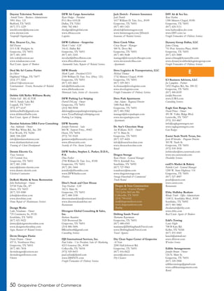 50 Grapevine Chamber of Commerce
Daystar Television Network
Arnold Torres - Business Administrator
3901 Hwy. 121
Bedford, TX 76021
(817) 571-1229
arnold.torres@daystar.com
www.daystar.com
Nonprofit Organizations
Wm. Deacon Co., Inc.
Bill Deacon
213-A W. Hudgins St.
Grapevine, TX 76051
(817) 481-1895
info.wdc@verizon.net
www.wmdeaconco.com
Real Estate Agents & Brokers
Deal Me In! Casino Parties
Joe Oliver
Highland Village, TX 75077
(214) 277-3241
joliver11@verizon.net
Entertainment - Events, Recreation & Related
Services
Debbie Gill/Keller Williams Realty
Debbie Gill - REALTOR
546 E. Sandy Lake Rd.
Coppell, TX 75019
(972) 877-6147
debbiesellsdfw@gmail.com
www.debbiesellsdfw.com
Real Estate Agents & Brokers
Demlan Solutions DBA Favor Consulting
Ann Adekunle - Owner
9500 Ray White Rd., Ste. 200
Fort Worth, TX 76244
(800) 558-2209
info@demlansolutions.com
www.demlansolutions.com
Training & Client Development
Dennis Electric Co.
Tracy Sorensen
121 Central Ave.
Grapevine, TX 76051
(817) 481-1508
tracys@dennis-electric.com
www.dennis-electric.com
Electrical Contractors
DeRoth Marble & Stone Restoration
John Rothenberger - Owner
10720 Tube Dr., #7
Hurst, TX 76053
(817) 355-5080
john@derothinc.com
www.derothinc.com
Home Repair & Maintenance Services
Design Werks
Luke Nicodemus - Owner
725 Commerce St., #120
Southlake, TX 76092
(817) 421-9422
jimmy@designwerksonline.com
www.designwerksonline.com
Signs, Banners & Related Services
Devin Designs Florist
Darla Denton - Owner
457 E. Northwest Hwy.
Grapevine, TX 76051
(817) 481-7818
devindesigns@verizon.net
devindesignsflowers.com
Florists
DFW Air Cargo Association
Ryan Hodges - President
P.O. Box 610128
Dallas, TX 75261
(940) 782-4463
rhodges@btxglobal.com
www.dfwaca.com
Logistics
DFW Collision - Grapevine
Mark Vrabel - GM
316 E. Dallas Rd.
Grapevine, TX 76051
(817) 601-3245
mvrabel@dfwcollision.com
www.dfwcollision.com
Automobile Sales, Repairs & Related Services
DFW Honda
Mark Lamb - President/CEO
2350 William D. Tate Ave. (Hwy. 121)
Grapevine, TX 76051
(817) 421-4663
info@dfwhonda.com
www.dfwhonda.com
Motorcycle Sales, Service & Accessories
DFW Parking Lot Striping
Darrell DeLong - Owner
Grapevine, TX 76051
(214) 982-9058
ddelong@texasparkinglotstriping.com
www.TexasParkingLotStriping.com
Parking Lot Striping
DFW Security
Jennifer Patterson - Sales
860 W. Airport Frwy., #402
Hurst, TX 76054
(972) 741-9169
jpatterson@dfwsecurity.com
www.dfwsecurity.com
Security & Fire Alarm Systems
DFW Smiles, Stephen L. Parker, D.D.S.,
P.A.
Dina Parker
2700 William D. Tate Ave., #100
Grapevine, TX 76051
(817) 281-3444
jennifer@dfwsmiles.com
www.DFWSmiles.com
Dentists
Dino’s Steak and Claw House
Tony Hasbini - GM
342 S. Main St.
Grapevine, TX 76051
(817) 488-3100
dinossteakandclaw@verizon.net
www.dinossteakandclaw.net
Restaurants
Divergent Global Consulting & Sales,
Inc.
Barbara Beaubien
3520 Boxwood Dr.
Grapevine, TX 76051
(214) 886-5606
BBeaubien8@gmail.com
Consulting Services
DJS International Services, Inc.
Paul Sekin - Vice President, Sales & Marketing
4215 Gateway Dr., #100
Colleyville, TX 76034
(972) 929-8433
paul.sekin@djsintl.com
www.DJSINTL.com
Freight Forwarders & Delivery Services
Jack Dortch - Farmers Insurance
Jack Dortch
1017 William D. Tate Ave., #109
Grapevine, TX 76051
(817) 481-1421
jdortch@farmersagent.com
www.farmersagent.com/JDortch
Insurance & Related Services
Dove Creek Villas
Crissy Bryant - Manager
500 N. Dove Rd.
Grapevine, TX 76051
(817) 481-9648
manager@dovecreekvillasapts.com
www.dovecreekvillas.com
Apartments
Dove Logistics & Transportation, LLC
Michael Thomas
1732 Minters Chapel, #100
Grapevine, TX 76051
(817) 329-5811
m.thomas@dovelogistics.com
www.dovelogistics.com
Freight Forwarders & Delivery Services
Dove Park Apartments
Amy Adams - Regional Director
1400 Park Blvd.
Grapevine, TX 76051
(817) 481-9582
manager@doveparkapts.com
www.doveparkapts.com
Apartments
Dr. Sue’s Chocolate Shop
Sue Williams, M.D. - Owner
417 S. Main St.
Grapevine, TX 76051
(817) 527-4424
info@drsueschocolate.com
www.drsueschocolate.com
Retail
Dragon Storage
Ryan Dorety - General Manager
950 S. Kimball Ave.
Southlake, TX 76092
(817) 727-9965
ryandorety@me.com
www.dragonstorage.com
Storage-Household & Commercial
Truck Rental
Drifting Sands Travel
Marianne Rayermann
Grapevine, TX 76051
(817) 488-6505
marianne@DriftingSandsTravel.com
www.DriftingSandsTravel.com
Travel Agencies
Dry Clean Super Center of Grapevine
Al Noor
2200 Hall-Johnson Rd.
Grapevine, TX 76051
(817) 416-0622
anoor@yahoo.com
Dry Cleaners
DSV Air & Sea Inc.
Rene Harboe
1300 Minters Chapel, #100
Grapevine, TX 76051
(817) 424-5111
rene.harboe@us.dsv.com
www.DSV.com/us
Freight Forwarders & Delivery Services
Dynasty Group Dallas, LLC
James Chiang
751 Port America Place, #600
Grapevine, TX 76051
(817) 421-5888
james.chiang@dynastydfw.com
www.dynastyworldwidelogisticsgroup.com
Freight Forwarders & Delivery Services
E3 Business Advisors, LLC
Joe Lumpkin - Partner
1452 Hughes Rd., Ste. 200-22
Grapevine, TX 76051
(817) 400-8109
joe@e3ba.com
www.E3BA.com
Consulting Services
Eagle Gun Range, Inc.
David Prince - Owner
491 W. Valley Ridge Blvd.
Lewisville, TX 75057
(972) 353-4867
info@eaglegunrangetx.net
www.eaglegunrangetx.com
Gun Ranges
Easter Seals North Texas, Inc.
Jessie Whitesides - Program Director
303 W. Nash St.
Grapevine, TX 76051
(972) 939-3930
jwhitesides@ntx.easterseals.com
www.ntx.easterseals.com
Disability Services
eatZi’s Market & Bakery
Patrick Cash - General Manager
1200 W. State Highway 114
Grapevine, TX 76051
(817) 527-4007
pcash@eatzis.com
www.eatzis.com
Restaurants
Ebby Halliday Realtors
Rhoda Truitt - Office Administrator
1100 E. Southlake Blvd., #100
Southlake, TX 76092
(817) 481-5882
rhodatruitt@ebby.com
www.ebby.com
Real Estate Agents & Brokers
Edd’s Towing
Lance Hight
708-B Katy Rd.
Keller, TX 76244
(817) 431-4569
lanceb@airmail.net
www.dfwtow.com
Wrecker Service
Edible Arrangements
Jennifer Brown - Owner
124 N. Main St.
Grapevine, TX 76051
(817) 329-5900
edibleconcierge@gmail.com
www.ediblearrangements.com
Retail
E
Draper & Sons Construction
Ian Lawson - General Manager
7212 John McCain Rd.
Colleyville, TX 76039
(214) 794-6162
ian@draperandsons.com
www.draperandsons.com
Roofing
 