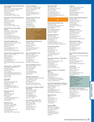 www.GrapevineChamber.org 51
Edward Jones Financial Advisor Monica
Storm, CFP®
Monica Storm - Financial Services Professional
1400 W. Northwest Hwy., #220
Grapevine, TX 76051
(817) 424-5144
www.edwardjones.com
Financial Advisors & Related Services
Edward Jones Investments/Brad Storm
Brad Storm
1000 Texan Trl., #260
Grapevine, TX 76051
(817) 442-0470
www.edwardjones.com
Financial Advisors & Related Services
Edward Jones Investments/Ryan
Sanders
Ryan Sanders - Financial Advisor
5209 Heritage Ave., Ste. 300
Colleyville, TX 76034
(817) 545-2787
ryan.sanders@edwardjones.com
www.edwardjones.com/ryan-sanders
Financial Advisors & Related Services
Edward Jones/Robyn Scott
Robyn Scott, AAMS - Financial Advisor
2200 Pool Rd., Ste. 101
Grapevine, TX 76051
(817) 488-2733
robyn.scott@edwardjones.com
www.edwardjones.com
Financial Advisors & Related Services
Elmcroft Senior Living & Memory Care
Ron Lewis - Executive Director
3800 Central Dr.
Bedford, TX 76021
(817) 283-6604
mcashatt@elmcroft.com
www.elmcroftal.com
Assisted Living/Retirement Communities/Memory
Care
Embassy Suites - Outdoor World
Jacki Dudding - Director of Sales
2401 Bass Pro Dr.
Grapevine, TX 76051
(972) 724-2600
jacki.dudding@atriumhospitality.com
www.outdoorworld.embassysuites.com
Hotels & Motels
Banquet Facilities
EmbroidMe
Chip Frank
2140 E. Southlake Blvd., #N
Southlake, TX 76092
(817) 442-0601
southlake@embroidme.com
www.embroidme-southlake.com
Embroidery
Emergency Ice, Inc.
Donnell Toler
8700 Diplomacy Row
Dallas, TX 75247
(972) 988-0577
donnelltoler@emergencyice.com
www.emergencyice.com
Ice Manufacturers
EMO Trans, Inc.
Eve Macella - Office Manager
755 Port America Pl., #343
Grapevine, TX 76051
(817) 481-8885
Eve.Macella@emotrans.com
www.emotrans.com
Freight Forwarders & Delivery Services
Enclave At Grapevine
Vanessa Peart - Community Manager
2311 W. Grapevine Mills Circle
Grapevine, TX 76051
(972) 355-5500
info@enclaveatgrapevine.com
www.enclaveatgrapevine.com
Apartments
Endocrine & Thyroid Center
Lina Prost - Manager
7141 Colleyville Blvd.
Colleyville, TX 76034
(817) 865-5315
lprost9@aol.com
www.ETCdocs.com
Physicians & Surgeons
Esparza’s Restaurante Mexicano
Steve Brown - Owner
124 E. Worth St.
Grapevine, TX 76051
(817) 481-4668
esparzastexmex@verizon.net
www.esparzastexas.com
Restaurants
Espree Animal Products, Inc.
Justin Jones - President
800 Industrial Blvd., #200
Grapevine, TX 76051
(817) 251-6300
jjones@espree.com
www.espree.com
Pet Products & Related Services
Euless B & B Wrecker Service
Andy Chesney - President
1201 W. Euless Blvd.
Euless, TX 76040
(817) 283-2121
towsrus@sbcglobal.net
www.eulesswrecker.com
Wrecker Service
Expeditors International
Lorri Singleton - Branch Compliance Manager
506 E. Dallas Rd., #400
Grapevine, TX 76051
(817) 305-4000
lorri.singleton@expeditors.com
Freight Forwarders & Delivery Services
Eye Associates of Grapevine/20/20
Vision Clinic
Debbie Robinson - Manager
819 Ira E. Woods Ave.
Grapevine, TX 76051
(817) 488-4893
eyeassocgpv@aol.com
www.2020visionclinic.net
Physicians & Surgeons
Eye Consultants of Texas, PA
Royce Labor - Administrator & CEO
2201 Westgate Plaza
Grapevine, TX 76051
(817) 410-2030
rglabor@eyecontx.com
www.eyectexas.com
Physicians & Surgeons
Wedny Ezell, CPA
Wendy Ezell - Owner
1670 Keller Pkwy., Ste. 259
Keller, TX 76248
(817) 562-2700 x107
wendy@wendyezellcpa.com
www.wendyezellcpa.com
Accounting, Bookkeeping, Payroll & Tax
Preparation Services
FamCare Clinic of North Texas
Saira Jamal - Doctor
4320 Windsor Centre Trl., Ste. 300
Flower Mound, TX 75028
(972) 539-1600
famcareclinicnt@gmail.com
www.sairajamalmd.com
Physicians & Surgeons
Family Tire & Service
Sean Mizer - Owner
1251 W. Northwest Hwy.
Grapevine, TX 76051
(817) 488-5520
smizer@hotmail.com
www.familytireandservice.com
Automobile Sales, Repairs & Related Services
Farina’s Winery & Cafe
Gary Farina - Owner
420 S. Main St.
Grapevine, TX 76051
(817) 442-9095
antiquerevival@verizon.net
www.farinaswinery.com
Restaurants
Farm Bureau Insurance - Marcia Allen
Marcia Allen
1001 W. Northwest Hwy., Suite F
Grapevine, TX 76051
(817) 329-2120
mallen1@txfb-ins.com
www.txfb-ins.com
Insurance & Related Services
Farmers Insurance - Tina Ferguson
Agency
Tina Ferguson
2200 Pool Rd., Ste. 212
Grapevine, TX 76051
(817) 993-0311
tpatrignani@farmersagent.com
www.farmersagent.com/tpatrignani
Insurance & Related Services
Fast Claim Medical Revenue Solutions
Maggie Caine - Director Of Business Development
13355 Noel Rd., Ste. 1100
Dallas, TX 75240
(972) 348-5971
maggie@fastclaimnow.com
www.fastclaimnow.com
Medical Billing & Related Services
Federal Title, Inc.
Bill Tate
1200 S. Main St.
Grapevine, TX 76051
(817) 488-6591
wdtate@verizon.net
Title Companies
Feedstore BBQ
Mike Lafavers - Manager
530 S. White Chapel Blvd.
Southlake, TX 76092
(817) 488-1445
bbq@feedstorebbq.com
www.feedstorebbq.com
Restaurants
Ferguson
Angela Wiseman - Branch Manager
512 E. Dallas Rd., #100
Grapevine, TX 76051
(817) 442-0446
Angela.wiseman@ferguson.com
www.ferguson.com
Wholesale Distributors
Ferrari’s Italian Villa & Chop House
Jane Secchi - Owner
1200 William D. Tate Ave.
Grapevine, TX 76051
(817) 251-2525
janeferraris@aol.com
www.ferrarisrestaurant.com
Restaurants
Fidelity Investments
Clint Brandner - Vice President
2250 William D. Tate
Grapevine, TX 76051
(817) 474-7613
clint.brandner@fmr.com
www.fidelity.com
Financial Advisors & Related Services
Fidelity National Title
Stephanie Kleam - Vice President
850 E State Hwy., #200
Southlake, TX 76092
(817) 442-1111
skleam@fidelity-usa.com
www.fidelity-usa.com
Title Companies
Financial & Estate Planning Services,
LLC
Tena J. Burrell, IAR - Investment Advisor Rep.
P.O. Box 2074
Grapevine, TX 76099
(817) 424-5721
financialservices@verizon.net
www.tenaburrell.com
Financial Advisors & Related Services
Fireside Pies
Kristin Wisniewski - GM
1285 S. Main St.
Grapevine, TX 76051
(817) 416-1285
kwisniewski@firesidepies.com
www.firesidepies.com
Restaurants
First Baptist Church Grapevine
Preston Mitchell - Pastor of Missions/Outreach
301 E. Texas St.
Grapevine, TX 76051
(817) 488-8573
info@fbcgrapevine.com
www.fbcgrapevine.com
Churches
F
First Bank Texas
Angela Graves - VP Marketing
301 E. State Highway 114
Grapevine, TX 76051
(817) 553-2500
angela.graves@go2fbt.com
www.go2fbt.com
Banks
ALPHABETICALLISTING
Enterprise Car & Truck Rental
Jeffrey Ort - Corporate Accounts
1800 S. Main St
Grapevine, TX 76051
(This location opening in July 2016)
1-800-736-8222
www.enterprise.com
Automobile Rental
 