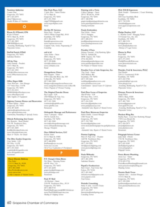 60 Grapevine Chamber of Commerce
Nutrition Addiction
Carmen Drew
Grapevine, TX 76051
(817) 421-6474
rdrew72@aol.com
Health, Wellness & Nutrition
Wayne B. O’Daniel, CPA
Wayne O’Daniel
920 S. Main St., #150
Grapevine, TX 76051
(817) 481-2803
WBODIII@aol.com
Accounting, Bookkeeping, Payroll & Tax
Preparation Services
Duff & Patrick O’Dell
Grapevine, TX 76051
Individual Members
Off the Vine
Holly Donnelly - President
324 S. Main St.
Grapevine, TX 76051
(817) 421-1091
holly@offthevinetexas.com
www.offthevinetexas.com
Retail
Office Depot #406
Shane MacFawn - Store Manager
1317 State Hwy. 114 W.
Grapevine, TX 76051
(817) 251-0311
ODS00406@officedepot.com
www.officedepot.com
Office Supplies & Equipment
Ogletree Custom Homes and Renovation
William Ogletree - Owner
Grapevine, TX 76051
(214) 287-4630
ogletree@ogletreehomes.com
www.ogletreehomes.com
Construction, Remodeling & Specialty Services
Ohlook Performing Arts Center
Ross Bannister - Board Member
1631 W. Northwest Hwy.
Grapevine, TX 76051
(817) 421-2825
jlord@ohlookperform.com
www.ohlookperform.com
Music & Theatre Art Schools
The Olive Garden Grapevine
Corey Spinks - GM
301 Hwy. 114 W.
Grapevine, TX 76051
(817) 251-0222
cxspinks@olivegarden.com
www.olivegarden.com
Restaurants
One Posh Place, LLC
Valorie Muse - Owner/Partner
317 S. Main St.
Grapevine, TX 76051
(817) 251-3945
valgal75006@gmail.com
www.myposhplace.com
Retail
On-Site PC Services
Brian Davis - President
1205 S. White Chapel Rd., #101
Southlake, TX 76092
(817) 306-6106
brian@ospcservices.com
www.ospcservices.com
Computer Sales, Service, Programming &
Consulting
ooh la la!
Sylvia Helton - Owner
408 S. Main St.
Grapevine, TX 76051
(817) 329-8686
sylvia@oohlalatx.com
www.oohlalatx.com
Retail
Orangetheory Fitness
Brett Hargrove - Owner
4709 Colleyville Blvd., Ste. 500
Colleyville, TX 76034
(817) 840-3400
bhargrove@orangetheoryfitness.com
www.orangetheoryfitness.com/colleyville
Fitness Programs & Personal Training
The Original Pancake House
Ray Lozada - GM
1505 William D. Tate Ave.
Grapevine, TX 76051
(817) 421-3444
comments@ophdfw.com
www.ophdfw.com
Restaurants
Orthopedic Massage and Performance
Steven Valenzuela - Owner
550 N. Carroll Ave.
Southlake, TX 76092
(817) 481-2444
steven@orthopedicmassage.com
www.orthopedicmassage.org
Massage Therapists
Oryx Oilfield Services, LLC
Kristine Stoner
611 S. Main St. #400
Grapevine, TX 76051
(817) 488-8990
jhuffman@oryx-us.com
www.oryx-us.com
Oil & Gas Exploration & Development
P.F. Chang’s China Bistro
Pete Moore - Operating Partner
650 W. Hwy. 114
Grapevine, TX 76051
(817) 421-6658
grapevine@pfchangs.com
www.pfchangs.com
Restaurants
Pack N’ Mail
Ali Merchant - Owner
2150 W. Northwest Hwy., #114
Grapevine, TX 76051
(817) 488-9733
PackNMailGrapevine@SBCGlobal.net
www.PackNMailGrapevine.com
Mailing & Shipping Services
Painting with a Twist
Colleen Coppenger - Owner
203 E. Worth St., #100
Grapevine, TX 76051
(817) 328-8788
grapevine@paintingwithatwist.com
www.paintingwithatwist.com
Painting Instruction
Panda Embroidery
Paul Slechta - Owner
351 E. Hudgins
Grapevine, TX 76051
(817) 488-4151
paul@pandasportswear.com
www.pandasportswear.com
Embroidery
Paradise 4 Paws
Johanna Newcomb - Chief Barketing Officer
3010 N. Airfield Dr.
DFW Airport, TX 75261
(972) 456-0010
johanna@paradise4paws.com
www.paradise4pawsdfw.com
Pet Products & Related Services
Paradise Cove at Lake Grapevine, Inc.
Tina Nealy - Owner
3029 Midway Rd.
Southlake, TX 76092
(817) 329-1668
weddings@paradisecovetx.com
www.paradisecovetx.com
Entertainment - Special Events & Conference
Centers
Park Place Lexus of Grapevine
Matt Woolsey - GM
901 State Hwy. 114 E.
Grapevine, TX 76051
(817) 416-3100
mwoolsey@parkplace.com
www.parkplacetexas.com
Automobile Sales, Repairs & Related Services
Park Place Motorcars Grapevine
Robert Hinkle - General Manager
1300 Texan Trl.
Grapevine, TX 76051
(817) 310-7300
kconnor@parkplace.com
www.mercedesbenzgrapevine.parkplacetexas.
com
Automobile Sales, Repairs & Related Services
Passion Lighting
Bruce D. Paul, CLC - President
1649 W. Northwest Hwy.
Grapevine, TX 76051
(817) 310-3261
info@passionlighting.com
www.passionlighting.com
Retail
Paula Wilbanks
Grapevine, TX 76051
(817) 481-4398
Individual Members
PepsiCo Foodservices
Rich Crouch - Food Service Rep
Euless, TX 76106
(817) 401-4667
richard.crouch@pepsico.com
www.pepsico.com
Food Services
Periodic Consulting
Becky St. John - GCISD Trustee
Grapevine, TX 76051
(817) 416-3997
jbmstjohn@mindspring.com
Consulting Services
PGA TOUR Superstore
Mark Sternfels - Tournaments / Events Marketing
Manager
2241 East Southlake Blvd.
Southlake, TX 76092
(817) 722-5190
cfranklin@pgatss.com
www.pgatoursuperstore.com
Golf
Phelps Dunbar, LLP
C. Matthew Terrell - Managing Partner
115 Grand Ave., Ste. 222
Southlake, TX 76092
(817) 488-3134
info@phelps.com
www.phelpsdunbar.com
Attorneys & Legal Services
Photos by Walt
Walt Mills
Grapevine, TX 76051
(817) 271-0353
Walt@PhotosByWalt.com
www.photosbywalt.com
Photography
Pineider, Ford & Associates, PLLC
Paul Pineider
2241 E. Continental, #140
Southlake, TX 76092
(817) 410-3700
p.pineider@bpf-cpa.com
www.pfacpa.com
Accounting, Bookkeeping, Payroll & Tax
Preparation Services
Pittman, Powers & Associates
Randy Powers
1000 S. Main, #200
Grapevine, TX 76051
(817) 481-7505
rpowers@ppacpa.com
www.ppaCPA.com
Accounting, Bookkeeping, Payroll & Tax
Preparation Services
Pluckers Wing Bar
Paulina Rojas - Local Store Marketing Manager
1709 Cross Roads Dr.
Grapevine, TX 76051
(817) 416-2473
projas@pluckers.net
www.pluckers.com
Restaurants
Polygraph Science Center
James Kelly - Director
1701 W. Northwest Hwy.
Grapevine, TX 76051
(817) 691-4185
jakelly@polygraph.to
www.polygraph.to
Polygraph Services
Power Rooter Plumbing
Steven Lux - Owner
Grapevine, TX 76051
(972) 839-3724
PowerRooterPlumbing@hotmail.com
www.powerrooterplumbing.net
Plumbing Services
Premier Bank Texas
Stephanie Silva - Assistant Manager
1115 S. Main St.
Grapevine, TX 76051
(817) 329-5500
lgoldstein@premierbank.com
www.premierbanktexas.com
Banks
O
P
Oncor Electric Delivery
Don Perfect
1111 S. Main St., #108
Grapevine, TX 76051
(817) 865-5008
Don.Perfect@oncor.com
www.oncor.com
Utility Companies & Related Services
 