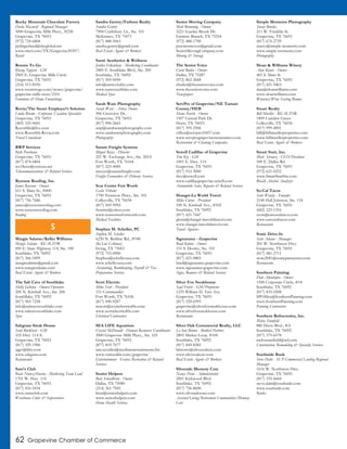 62 Grapevine Chamber of Commerce
Rocky Mountain Chocolate Factory
Darla Maxwell - Regional Manager
3000 Grapevine Mills Pkwy., #258
Grapevine, TX 76051
(972) 724-6868
pjslingerland@sbcglobal.net
www.rmcf.com/TX/Grapevine50307/
Retail
Rooms To Go
Khang Nguyen - GM
2905 E. Grapevine Mills Circle
Grapevine, TX 76051
(214) 513-8550
www.roomstogo.com/stores/grapevine/
grapevine-mills-store/2101
Furniture & Home Furnishings
Rovia/The Smart Employer’s Solution
Linda Broom - Corporate Vacation Specialist
Grapevine, TX 76051
(469) 525-0681
Resortlife@live.com
www.Resortlife.Rovia.com
Travel Consultant
RWP Services
Rick Pevehouse
Grapevine, TX 76051
(817) 874-6864
res18enx@verizon.net
Telecommunications & Related Services
Ryerson Roofing, Inc.
James Ryerson - Owner
611 S. Main St., #400
Grapevine, TX 76051
(817) 756-7686
james@ryersonroofing.com
www.ryersonroofing.com
Roofing
Margie Salame/Keller Williams
Margie Salame - REALTOR
850 E. State Highway 114, Ste. 100
Southlake, TX 76092
(817) 366-5499
margiesalame@gmail.com
www.margiesalame.com
Real Estate Agents & Brokers
The Salt Cave of Southlake
Shelly Jackson - Owner/Operator
200 N. Kimball Ave., Ste. 206
Southllake, TX 76092
(817) 965-7258
info@saltcavesouthlake.com
www.saltcavesouthlake.com
Spas
Saltgrass Steak House
Scott Burkhart - GM
102 Hwy. 114 E.
Grapevine, TX 76051
(817) 329-1900
sggv@ldry.com
www.saltgrass.com
Restaurants
Sam’s Club
Rosie Nunez-Huerta - Marketing Team Lead
1701 W. Hwy. 114
Grapevine, TX 76051
(817) 416-5434
www.samsclub.com
Warehouse Clubs & Supercenters
Sandra Gentry/Fathom Realty
Sandra Gentry
7908 Craftsbury Ln., Ste. 101
McKinney, TX 75071
(817) 888-5063
sandra.gentry@gmail.com
Real Estate Agents & Brokers
Santé Aesthetics & Wellness
Jenika Eikenbary - Marketing Coordinator
2485 E. Southlake Blvd., Ste. 200
Southlake, TX 76092
(817) 305-0050
info@santevitality.com
www.santesouthlake.com
Medical Spas
Sarah Ware Photography
Sarah Ware - Artist, Owner
306 Crestview Dr.
Grapevine, TX 76051
(817) 896-2665
swp@sarahwarephotography.com
www.sarahwarephotography.com
Photography
Saturn Freight Systems
Miguel Reyes - Director
221 W. Exchange Ave., Ste. 205A
Fort Worth, TX 76164
(817) 223-4085
mreyes@saturnfreight.com
Freight Forwarders & Delivery Services
Scar Center Fort Worth
Leslie Tribolet
1700 Tennison Pkwy., Ste. 101
Colleyville, TX 76034
(817) 505-9092
fwartist@yahoo.com
www.scarcenterfortworth.com
Medical Facilities
Stephen M. Scheller, PC
Stephen M. Scheller
6230 N. Beltline Rd., #340
(In Las Colinas)
Irving, TX 75063
(972) 753-0900
Stephen@schellcousa.com
www.schellcousa.com
Accounting, Bookkeeping, Payroll & Tax
Preparation Services
Scott Electric
Mike Scott - President
151 Commander
Fort Worth, TX 76106
(817) 490-9207
mscott@scottelectricdfw.com
www.scottelectricdfw.com
Electrical Contractors
SEA LIFE Aquarium
Crystal McDonald - Human Resources Coordinator
3000 Grapevine Mills Pkwy., Ste. 525
Grapevine, TX 76051
(877) 819-7677
iain.scouller@merlinentertainments.biz
www.visitsealife.com/grapevine
Entertainment - Events, Recreation & Related
Services
Senior Helpers
Bent Schoellhorn - Owner
Dallas, TX 75080
(214) 361-7943
bent@seniorhelpers.com
www.seniorhelpers.com
Home Health Services
Senior Moving Company
Matt Browning - Owner
3221 Garden Brook Dr.
Farmers Branch, TX 75234
(972) 488-1700
psseniormover@gmail.com
SeniorMovingCompany.com
Moving & Storage
The Senior Voice
Carol Butler - Owner
Dallas, TX 75287
(972) 862-2668
cbutler@theseniorvoice.com
www.theseniorvoice.com
Newspapers
ServPro of Grapevine/NE Tarrant
County/HEB
Shane Parish - Owner
1507 Central Park Dr.
Hurst, TX 76053
(817) 595-2506
office@servpro10457.com
www.servprograpevinenetarrantco.com
Restoration & Cleaning Companies
Sewell Cadillac of Grapevine
Tim Key - GM
1001 E. Hwy. 114
Grapevine, TX 76051
(817) 912-3000
tkey@sewell.com
www.cadillacgrapevine.sewell.com
Automobile Sales, Repairs & Related Services
Shangri-La World Travel
Mike Currie - President
100 N. Kimball Ave., #102
Southlake, TX 76092
(817) 421-7447
gloria@shangri-laworldtravel.com
www.shangri-laworldtravel.com
Travel Agencies
Signarama - Grapevine
Brad Kuhne - Owner
151 S. Dooley, Ste. 101
Grapevine, TX 76051
(817) 421-0805
brad@signarama-grapevine.com
www.signarama-grapevine.com
Signs, Banners & Related Services
Silver Fox Steakhouse
Saul Fraire - GM/Proprietor
1235 William D. Tate Ave.
Grapevine, TX 76051
(817) 329-6995
grapevine@silverfoxsteakhouse.com
www.silverfoxsteakhouse.com
Restaurants
Silver Oak Commercial Realty, LLC
LeAnn Brown - Broker/Partner
2805 Market Loop, #100
Southlake, TX 76092
(817) 849-8282
labrown@silveroakcre.com
www.silveroakcre.com
Real Estate Agents & Brokers
Silverado Memory Care
Nancy Deno - Administrator
2001 Kirkwood Blvd
Southlake, TX 76092
(817) 756-8600
www.silveradocare.com
Assisted Living/Retirement Communities/Memory
Care
Simple Moments Photography
Stacey Brooks
211 W. Franklin St.
Grapevine, TX 76051
(817) 676-2729
stacey@simple-moments.com
www.simple-moments.com
Photography
Sloan & Williams Winery
Alan Kunst - Owner
401 S. Main St
Grapevine, TX 76051
(817) 421-9463
alan@sloanwilliams.com
www.sloanwilliams.com
Wineries/Wine Tasting Rooms
Smart Realty
Bill Mueller - REALTOR
1809 Camden Green
Colleyville, TX 76034
(817) 999-4901
bill@billmuellerproperties.com
www.billmuellerproperties.com
Real Estate Agents & Brokers
Smart Start, Inc.
Matt Strausz - CEO/President
500 E. Dallas Rd.
Grapevine, TX 76051
(972) 621-0252
www.SmartStartInc.com
Breath Alcohol Analyzer
So-Cal Tacos
Scott Wooley - Founder
2140 Hall Johnson, Ste. 118
Grapevine, TX 76051
(682) 223-1316
scott@eatsocaltacos.com
www.eatsocaltacos.com
Restaurants
Sonic Drive-In
Scott Adams - Manager
201 W. Northwest Hwy.
Grapevine, TX 76051
(817) 481-2711
store2081@sonicpartnernet.com
Restaurants
Southern Painting
Dale Altenhofen - Owner
1500 Corporate Circle, #18
Southlake, TX 76092
(817) 835-0208
SPOffice@SouthernPainting.com
www.SouthernPainting.com
Painting Contractors
Southern Refractories, Inc.
Melva Stanfield
880 Davis Blvd., #A
Southlake, TX 76092
(817) 379-6578
melvastanfield@aol.com
Construction, Remodeling & Specialty Services
Southside Bank
Steve Dalri - SVP Commercial Lending Regional
Manager
1616 W. Northwest Hwy.
Grapevine, TX 76051
(817) 335-6664
steve.dalri@southside.com
www.southside.com
Banks
S
 