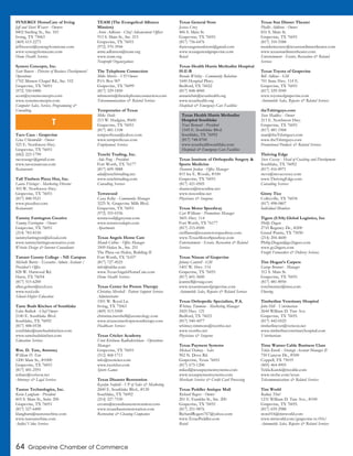 64 Grapevine Chamber of Commerce
SYNERGY HomeCare of Irving
Jeff and Shari Weaver - Owners
8402 Sterling St., Ste. 103
Irving, TX 75063
(469) 615-2273
jeffweaver@synergyhomecare.com
www.synergyhomecare.com
Home Health Services
System Concepts, Inc.
Scott Bowers - Director of Business Development/
Operations
1702 Minters Chapel Rd., Ste. 102
Grapevine, TX 76051
(972) 550-0400
scott@systemconcepts.com
www.systemconcepts.com
Computer Sales, Service, Programming &
Consulting
Taco Casa - Grapevine
Gina Uhtenwoldt - Owner
525 E. Northwest Hwy.
Grapevine, TX 76051
(682) 223-1799
tacocasagv@gmail.com
www.tacocasatexas.com
Restaurants
Tall Timbers Pizza Hut, Inc.
Laura Frisinger - Marketing Director
303 W. Northwest Hwy.
Grapevine, TX 76051
(817) 488-9521
www.pizzahut.com
Restaurants
Tammy Farrington Creative
Tammy Farrington - Owner
Grapevine, TX 76051
(214) 783-8150
tammyfarrington@icloud.com
www.tammyfarringtoncreative.com
Website Design & Internet Consultants
Tarrant County College - NE Campus
Michelle Burris - Executive Admin Assitant /
President’s Office
828 W. Harwood Rd.
Hurst, TX 76054
(817) 515-6200
allen.goben@tccd.ecu
www.tccd.edu
Schools-Higher Education
Taste Buds Kitchen of Southlake
Eden Bullock - Chef/Owner
2140 E. Southlake Blvd.
Southlake, TX 76092
(817) 488-0538
southlake@tastebudskitchen.com
www.tastebudskitchen.com
Education Services
Wm. D. Tate, Attorney
William D. Tate
1200 Main St., #1000
Grapevine, TX 76051
(817) 481-2591
wdtate@verizon.net
Attorneys & Legal Services
Taurus Technologies, Inc.
Kevin Langham - President
603 S. Main St., Suite 200
Grapevine, TX 76051
(817) 527-6400
klangham@taurustechinc.com
www.taurustechinc.com
Audio/Video Services
TEAM (The Evangelical Alliance
Mission)
Arnie Adkison - Chief Advancement Officer
913 S. Main St., Ste. 215
Grapevine, TX 76051
(972) 370-3944
arnie.adkinson@team.org
www.team.org
Nonprofit Organizations
The Telephone Connection
Mike Morris - VP/Owner
P.O. Box 907
Grapevine, TX 76099
(817) 329-1850
mbmorris@thetelephoneconnection.com
Telecommunications & Related Services
Temporaries of Texas
Mike Sheils
213 W. Hudgins, #600
Grapevine, TX 76051
(817) 481-1108
tempsoftexas@yahoo.com
www.tempsoftexas.com
Employment Services
Tenchi Trading, Inc.
Ada Peng - President
Fort Worth, TX 76177
(817) 609-3888
ada@tenchitrading.net
www.tenchitrading.com
Consulting Services
Terrawood
Casey Kelley - Community Manager
3225 N. Grapevine Mills Blvd.
Grapevine, TX 76051
(972) 355-0336
terrawood@greystar.com
www.terrawoodapts.com
Apartments
Texas Angels Home Care
Mandi Collins - Office Manager
3509 Hulen St., Ste. 251
The Plaza on Hulen, Building II
Fort Worth, TX 76107
(817) 727-4525
info@tahhc.com
www.TexasAngelsHomeCare.com
Home Health Services
Texas Center for Proton Therapy
Christina Mershell - Patient Support Services
Administrator
1501 W. Royal Ln.
Irving, TX 75063
(469) 513-5500
christina.mershell@usoncology.com
www.texascenterforprotontherapy.com
Healthcare Services
Texas Cricket Academy
Unni Krishnan Radhakrishnan - Operations
Manager
Grapevine, TX 76051
(512) 468-1711
info@txcricket.com
www.txcricket.com
Sports Games
Texas Disaster Restoration
Kayelyn Scofield - VP of Sales & Marketing
2600 E. Southlake Blvd., #120
Southlake, TX 76092
(214) 227-7530
cevans@texasdisasterrestoration.com
www.texasdisasterrestoration.com
Restoration & Cleaning Companies
Texas General Store
Jessica Cruz
406 S. Main St.
Grapevine, TX 76051
(817) 756-6476
thetexasgeneralstore@gmail.com
www.texasgeneralgrapevine.com
Retail
Texas Health Harris Methodist Hospital
H-E-B
Brenda Whitley - Community Relations
1600 Hospital Pkwy.
Bedford, TX 76022
(817) 848-4000
annariehm@texashealth.org
www.texashealth.org
Hospitals & Emergency Care Facilities
Texas Institute of Orthopedic Surgery &
Sports Medicine
Shannon Jordan - Office Manager
815 Ira E. Woods, #100
Grapevine, TX 76051
(817) 421-0505
shannon@tiosonline.net
www.tiosonline.net
Physicians & Surgeons
Texas Motor Speedway
Cari Williams - Promotions Manager
3601 Hwy. 114
Fort Worth, TX 76177
(817) 215-8500
cwilliams@texasmotorspeedway.com
www.TexasMotorSpeedway.com
Entertainment - Events, Recreation & Related
Services
Texas Nissan of Grapevine
Johnny Cantrell - GM
1401 W. Hwy. 114
Grapevine, TX 76051
(817) 601-3600
jcantrell@vtaig.com
www.texasnissanofgrapevine.com
Automobile Sales, Repairs & Related Services
Texas Orthopedic Specialists, P.A.
Whitney Timmons - Marketing Manager
2425 Hwy. 121
Bedford, TX 76021
(817) 540-4477
whitney.timmons@txortho.net
www.txortho.net
Physicians & Surgeons
Texas Payment Systems
Michael Dabney - Sales
902 N. Dove Rd.
Grapevine, Texas 76051
(817) 675-1200
miked@texaspaymentsystems.com
www.texaspaymentsystems.com
Merchant Services & Credit Card Processing
Texas Peddler Antique Mall
Richard Rogers - Owner
201 E. Franklin St., Ste. 200
Grapevine, TX 76051
(817) 251-9876
RichardRogers767@yahoo.com
www.TexasPeddler.com
Retail
Texas Star Dinner Theater
Phyllis Addison - Owner
816 S. Main St.
Grapevine, TX 76051
(817) 310-5588
murdermystery@texasstardinnertheater.com
www.texasstardinnertheater.com
Entertainment - Events, Recreation & Related
Services
Texas Toyota of Grapevine
Bill Adkins - GM
701 State Hwy. 114 E.
Grapevine, TX 76051
(817) 329-5949
www.toyotaofgrapevine.com
Automobile Sales, Repairs & Related Services
theTshirtguys.com
Stan Maddox - Owner
213 E. Northwest Hwy.
Grapevine, TX 76051
(817) 481-1968
stan@theTshirtguys.com
www.theTshirtguys.com
Promotional Products & Related Services
Thriving Edge
Steve Coxsey - Head of Coaching and Development
Southlake, TX 76092
(817) 416-8971
steve@stevecoxsey.com
www.ThrivingEdge.com
Consulting Services
Ginny Tice
Colleyville, TX 76034
(817) 498-0807
Individual Members
Tigers (USA) Global Logistics, Inc
Philip Dugan
2710 Regency Dr., #200
Grand Prairie, TX 75050
(214) 204-4600
Philip.Dugan@go2tigers.com
www.go2tigers.com
Freight Forwarders & Delivery Services
Tim Hogan’s Carpets
George Brenner - Manager
312 S. Main St.
Grapevine, TX 76051
(817) 481-8950
tonybrenner@msn.com
Flooring
Timberline Veterinary Hospital
John Hill - Veterinarian
2644 William D. Tate Ave.
Grapevine, TX 76051
(817) 442-0525
timberlinevet@verizon.net
www.timberlineveterinaryhospital.com
Veterinarians
Time Warner Cable Business Class
Tekla Kurek - Strategic Account Manager II
750 Canyon Dr., #500
Coppell, TX 75019
(469) 464-4905
Tekla.Kurek@twcable.com
www.twcbc.com/texas
Telecommunications & Related Services
Tint World
Rodney Thiel
1231 William D. Tate Ave., #100
Grapevine, TX 76051
(817) 659-2988
store016@tintworld.com
www.tintworld.com/grapevine-tx-016/
Automobile Sales, Repairs & Related Services
T
Texas Health Harris Methodist
Hospital Southlake
Traci Bernard - President
1545 E. Southlake Blvd.
Southlake, TX 76092
(817) 748-8700
www.texashealthsouthlake.com
Hospitals & Emergency Care Facilities
 