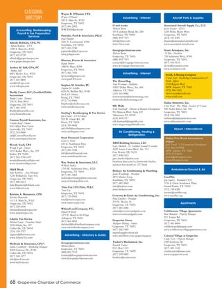 Alfredo Robledo, CPA, PC
Alfredo Robledo - CPA
1290 S. Main St., #106
Grapevine, TX 76051
(817) 421-0720
alfredo@grapevinecpa.com
www.grapevinecpa.com
Andrea M. Still, CPA, PC
Andrea Still
4851 Merlot Ave., #510
Grapevine, TX 76051
(817) 421-8800
ann@still-cpa.com
www.still-cpa.com
Buddy Carter, LLC, Certified Public
Accountant
Buddy Carter - Partner
230 N. Park Blvd.
Grapevine, TX 76051
(817) 481-5535
Buddy@bcarterllc.com
www.bcarterllc.com
Custom Payroll Associates, Inc.
Charles Read - Owner
816 Office Park Circle
Lewisville, TX 75057
(972) 353-0000
cjr@CustomPayroll.com
www.custompayroll.com
Wendy Ezell, CPA
Wendy Ezell - Owner
1670 Keller Pkwy., Ste. 259
Keller, TX 76248
(817) 562-2700 x107
wendy@wendyezellcpa.com
www.wendyezellcpa.com
H&R Block
Julie Ramirez - Area Manager
1236 William D. Tate Ave.
Grapevine, TX 76051
(817) 488-0211
Julie.Ramirez@hrblock.com
www.hrblock.com
Kristine A. Munaretto, CPA
Kristine Munaretto
1111 S. Main St., #102
Grapevine, TX 76051
(817) 329-0106
kristine@amadorcpa.com
www.amadorcpa.com
Liberty Tax Service
Michael Green - Franchise Owner
3930 Glade, Ste. 107
Colleyville, TX 76034
(214) 334-5767
mgreen@libertytax.com
www.LibertyTax.com
McIlvain & Associates, CPA's
Janine Castleberry - Marketing Manager
4004 Gateway Dr., #180
Colleyville, TX 76034
(817) 545-1277
info@mcilvain.net
www.mcilvain.net
Wayne B. O’Daniel, CPA
Wayne O'Daniel
920 S. Main St., #150
Grapevine, TX 76051
(817) 481-2803
WBODIII@aol.com
Pineider, Ford & Associates, PLLC
Paul Pineider
2241 E. Continental, #140
Southlake, TX 76092
(817) 410-3700
p.pineider@bpf-cpa.com
www.pfacpa.com
Pittman, Powers & Associates
Randy Powers
1000 S. Main, #200
Grapevine, TX 76051
(817) 481-7505
rpowers@ppacpa.com
www.ppaCPA.com
Stephen M. Scheller, PC
Stephen M. Scheller
6230 N. Beltline Rd., #340
(In Las Colinas)
Irving, TX 75063
(972) 753-0900
Stephen@schellcousa.com
www.schellcousa.com
Sterling's Bookkeeping & Tax Service
Jon Chester - CPA/Owner
923 W. Glade Rd., #C
Hurst, TX 76054
(214) 330-4682
info1040@sterlingstax.com
www.sterlingstax.com
Strait Financial Corporation
Lester J. Strait
410 E. Northwest Hwy.
Grapevine, TX 76051
(817) 481-7046
info@straitfinancial.com
www.straitfinancial.com
Wm. Stukey & Associates, LLC
William Stukey
1705 W. Northwest Hwy., #220
Grapevine, TX 76051
(817) 481-3265
stukey@avirtualcpafirm.com.com
www.avirtualcpafirm.com
Traci Coy CPA Firm, PLLC
Traci Coy
Grapevine, TX 76051
(817) 729-0963
traci@tracicoycpa.com
www.tracicoycpa.com
Whitsell and Company, P.C.
Daniel Whitsell
1275 E. Road to Six Flags
Arlington, TX 76011
(817) 461-0041
dwhitsell@whitsellandcompany.com
www.whitsellandcompany.com
ilovegrapevinetexas.com
Michael Burns
Grapevine, TX 76051
(888) 893-7519
contact@ilovegrapevinetexas.com
www.ilovegrapevinetexas.com
i5 web works
Michael Burns
105 Creekway Bend, Ste. 200
Southlake, TX 76092
(888) 893-7519
info@i5ww.com
www.i5ww.com
ilovegrapevinetexas.com
Michael Burns
Grapevine, TX 76051
(888) 893-7519
contact@ilovegrapevinetexas.com
www.ilovegrapevinetexas.com
The HomeMag
Tony Weetman - Publisher
15851 Dallas Pkwy., Ste. 600
Addison, TX 75001
(214) 561-8686
tonyweetman@thehomemag.com
fortworth.thehomemag.com
MG Malls
Erik Hartranft - Director of Business Development
961 Marcon Blvd., Suite 425
Allentown, PA 18109
(610) 443-1917
erik.hartranft@mgmalls.com
www.mcgavrenguildmalls.com
ABM Building Services, LLC
Gary Sherlock - Sr. Certified Account Executive
4100 Amon Carter Blvd., Ste. 112
Fort Worth, TX 76155
(817) 858-1023
gary.sherlock@abm.com
locations.abm.com/tx/fortworth/facility-
services-fort-worth-tx-1157.html
Berkeys Air Conditioning & Plumbing
Jamie Wooldridge - President
2875 Market Loop
Southlake, TX 76092
(817) 481-5869
info@berkeys.com
www.berkeys.com
Coventry & Gattis Air Conditioning, Inc.
Paul Coventry - President
219 N. Dooley St.
Grapevine, TX 76051
(817) 481-4286
sabine@coventryandgattis.com
www.coventryandgattis.com
Grapevine Green
Margaret Meharg - Owner
Grapevine, TX 76051
(817) 266-1885
mgmeharg@verizon.net
www.afmfilters.com/grapevinegreen
Tucker's Mechanical, Inc.
Kenneth Tucker
P.O. Box 1119
Grapevine, TX 76099
(817) 329-9885
ktuckera@verizon.net
Associated Aircraft Supply Co., LLC
Jason Frazier - CEO
3250 Stone Myers Pkwy.
Grapevine, TX 76051
(214) 331-4381
jfrazier@associated-aircraft.com
www.associated-aircraft.com
Avant Aerospace, Inc.
Al Zito - President
720 Industrial Blvd., #500
Grapevine, TX 76051
(817) 416-0110
al.zito@avantaero.com
www.avantaero.com
Dallas Airmotive, Inc.
Chris Pratt - Dir. Mktg. Analysis & Comm.
900 Nolen Drive, Ste. 100
Grapevine, TX 76051
(214) 956-3001
turbines@dallasairmotive.com
www.dallasairmotive.com
CareFlite
Jim Swartz - President/CEO
3110 S. Great Southwest Pkwy.
Grand Prairie, TX 75052
(972) 339-4200
jswartz@careflite.org
www.careflite.org
Cobblestone Village Apartments
Rene Bowman - Property Manager
951 Turner Rd.
Grapevine, TX 76051
(817) 481-8684
cobblestone@fprginc.com
www.cobblestonevillageapartments.com
Colonial Village at Grapevine
Cindy Terry - Property Manager
2300 Grayson Dr.
Grapevine, TX 76051
(817) 481-1142
cynthia.terry@maac.com
www.cvgrapevine.com
68 Grapevine Chamber of Commerce
CATEGORIAL
DIRECTORY
Accounting, Bookkeeping,
Payroll & Tax Preparation
Services
Advertising - Directory & Guide
Advertising - Internet
Advertising - Internet
Air Conditioning, Heating &
Refrigeration
Aircraft Parts & Supplies
Aviall, A Boeing Company
Victor Scott - Marketing Communications &
Public Affairs
2750 Regent Blvd.
DFW Airport, TX 75261
(972) 586-1000
victor.scott@aviall.com
www.aviall.com
Airport / International
Dallas/Fort Worth International
Airport
John Terrell - VP Commercial Development
P.O. Box 619428
DFW Airport, TX 75261
(972) 973-4654
jterrell@dfwairport.com
www.dfwairport.com
Ambulance/Ground & Air
Apartments
 
