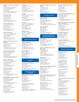 www.GrapevineChamber.org 69
Cross Creek Apartments at Grapevine
Ranch
Shannon Williams - Property Manaager
2701 N. Grapevine Mills Blvd.
Grapevine, TX 76051
(972) 906-9900
crosscreek.pm@cafmanagement.com
www.crosscreekatgrapevine.com
Dove Creek Villas
Crissy Bryant - Manager
500 N. Dove Rd.
Grapevine, TX 76051
(817) 481-9648
manager@dovecreekvillasapts.com
www.dovecreekvillas.com
Dove Park Apartments
Amy Adams - Regional Director
1400 Park Blvd.
Grapevine, TX 76051
(817) 481-9582
manager@doveparkapts.com
www.doveparkapts.com
Enclave At Grapevine
Vanessa Peart - Community Manager
2311 W. Grapevine Mills Circle
Grapevine, TX 76051
(972) 355-5500
info@enclaveatgrapevine.com
www.enclaveatgrapevine.com
Grapevine Station Apartments &
Cottages
Kelsey Whitesell - Property Manager
1022 Texan Trl/
Grapevine, TX 76051
(817) 601-0409
info@GrapevineStationApts.com
www.GrapevineStationApts.com
Marina del Rey Apartments
Heidi Clark - Property Manager
1701 Dove Loop Rd.
Grapevine, TX 76051
(817) 481-4588
marinadelrey@simcmanagement.com
www.marinadelreyaptsonline.com
Marquis at Silver Oaks
Carol Ann Cordell - Property Manager
3701 Grapevine Mills Pkwy.
Grapevine, TX 76051
(972) 906-9039
ccordell@cwsapartments.com
www.mqsilveroaks.com
Montelena Apartments
Joyce Gardner - Manager
501 Turner Rd.
Grapevine, TX 76051
(817) 329-5815
joyce.gardner@simpsonhousing.com
www.montelenaapts.com
Mustang Ridge at Grapevine Ranch
Brittany Duncan - Manager
3601 Grapevine Mills Pkwy.
Grapevine, TX 76051
(972) 906-1919
mustangridge@michelsonrealty.com
www.mustangridgeapts.com
Resort at 925 Main
Shelly Garvin - Property Manager
925 S. Main St.
Grapevine, TX 76051
(817) 442-5490
manager925@dfwresorts.com
www.925mainstreet.com
Stoneledge
Clarissa Shaw - Property Manager
401 Boyd Dr.
Grapevine, TX 76051
(817) 416-0200
stoneledge@simpsonhousing.com
www.stoneledgegrapevine.com
Suite 2801
Dondi Morse - Leasing Professional
2801 Brazos Blvd.
Euless, TX 76039
(817) 267-3000
suite2801marketing@greystar.com
www.suite2801.com
Terrawood
Casey Kelley - Community Manager
3225 N. Grapevine Mills Blvd.
Grapevine, TX 76051
(972) 355-0336
terrawood@greystar.com
www.terrawoodapts.com
Wildwood Creek
Curtis Moyer - Property Manager
820 E. Dove Loop Rd.
Grapevine, TX 76051
(817) 424-4212
cmoyer@grandpeaks.com
Appliance Connection
Dedra Hilderbrand - Owner
6500 Denton Hwy., Suite B2
Watauga, TX 76148
(817) 281-8324
dedra.hilderbrand@gmail.com
www.applianceconnectiondfw.net
Morrison Appliances
Robert Armendarez
325 Commerce St., Ste. 100
Southlake, TX 76092
(682) 651-4000
jtadams@morsco.com
www.morsco.com
Cross Timbers Architects, Inc.
Shannon Pearcey
3605 Yucca Dr., #102
Flower Mound, TX 75028
(972) 355-7754
shannon@crosstimbersarchitects.com
crosstimbersarchitects.com
Giddens Gallery of Fine Art
Cherie Giddens
624 S. Main St.
Grapevine, TX 76051
(817) 488-8600
cheriegiddens@juno.com
giddensgallery.com
Great American West Gallery
Phil Berkebile - Owner
332 S. Main St.
Grapevine, TX 76051
(817) 416-2600
phil@greatamericanwestgallery.com
www.greatamericanwestgallery.com
Vetro Glassblowing Studio & Fine Art
Gallery
David Gappa - Owner
701 S. Main St., #103
Grapevine, TX 76051
(817) 251-1668
dgappa@vetroartglass.com
www.vetroartglass.com
Bottle & Bottega
Glenn Olson - Owner
2401 Lakeside Pkwy., Ste. 120
Flower Mound, TX 75022
(469) 645-1105
dfw.ncntrl@bottle-bottega.com
www.bottleandbottega.com/flowermound/
Gypsy Muse Studio
Sharen Chatterton
106 E. Texas St.
Grapevine, TX 76051
(817) 488-1522
sharen@gypsymusestudio.com
www.gypsymusestudio.com
Atria Grapevine
Shelia Carwile - Executive Director
3975 William D. Tate Ave.
Grapevine, TX 76051
(817) 416-8907
shelia.carwile@atriaseniorliving.com
www.atriagrapevine.com
Chateau on Wildbriar Lake - Luxury
Senior Living
Donyse Jadlowski - GM
1515 Hard Rock Rd.
Irving, TX 75061
(972) 399-4800
gm@chateauonwildbriarlake.com
www.ChateauOnWildbriarLake.com
Dancing River
Wendy Hug - Executive Director
3735 Ira E. Woods
Grapevine, TX 76051
(817) 442-0505
whug@seniorlifestyle.com
www.SeniorLifestyle.com
Elmcroft Senior Living & Memory Care
Ron Lewis - Executive Director
3800 Central Dr.
Bedford, TX 76021
(817) 283-6604
mcashatt@elmcroft.com
www.elmcroftal.com
Glade Corners Retirement Community
LaBrett Homuth - Property Manager
400 Glade Rd.
Grapevine, TX 76051
(817) 329-3527
lhomuth@frontlineproperty.com
Isle at Watermere
Rachel LaDue - Executive Director
101 Watermere Dr.
Southlake, TX 76092
(817) 431-8668
kadams@integratedsl.com
www.isleatwatermeresouthlake.com
Jack's Place Assisted Living Home
Kathy Jones - Owner
519 Essex Place
Euless, TX 76039
(817) 313-6136
kathy@jacks-place.com
www.jacks-place.com
Legend Assisted Living & Memory Care
Renee Rachels - Sales Director
8600 Old Denton Rd.
Fort Worth, TX 76244
(817) 885-8800
renee.rachels@legendseniorliving.com
www.LegendSeniorLiving.com
Meadowood Assisted Living & Memory
Care at the Vineyard
Jason Wood - Executive Director
4545 Merlot Ave.
Grapevine, TX 76051
(817) 275-6100
jason.wood@legendseniorliving.com
www.legendseniorliving.com
Silverado Memory Care
Nancy Deno - Administrator
2001 Kirkwood Blvd
Southlake, TX 76092
(817) 756-8600
www.silveradocare.com
Stoneybrook Memory Care
Jodie Massey - Director of Sales & Marketing
2501 Heritage Ave.
Grapevine, TX 76051
(817) 329-8500
jmassey@sbmemorycare.com
www.stoneybrookmemorycare.com
Boyle & Lowry, LLP
John F. Boyle
4201 Wingren, #108
Irving, TX 75062
(972) 650-7100
jfboyle@boyle-lowry.com
www.boyle-lowry.com
Cantey Hanger LLP
Carol Traylor - Attorney
600 W. 6th St., #300
Fort Worth, TX 76102
(817) 878-6000
ctraylor@canteyhanger.com
www.canteyhanger.com
Cox Law Firm, PLLC
Ed Cox
1300 Norwood Dr., Ste. 100
Bedford, TX 76022
(817) 860-9200
ed@edcoxlaw.com
www.edcoxlaw.com
Flynn, Francis & Clark, LLP, Attorneys
at Law
Leslie Johnson - Legal Assistant
700 E. Southlake Blvd., #150
Southlake, TX 76092
(817) 329-3000
firm@ffctxlaw.com
www.ffctxlaw.com
Jon Michael Franks, PC
Jon Michael Franks
128 E. Texas St., #100
Grapevine, TX 76051
(817) 329-5573
jon@davidwynnelaw.com
www.davidwynnelaw.com
CATEGORICALLISTING
Appliance Sales & Service
Architects
Art Galleries, Dealers &
Consultants
Art Studios & Schools
Assisted Living/Retirement
Communities/Memory Care
Attorneys & Legal Services
 