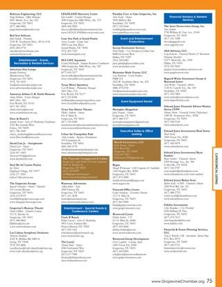 CATEGORICALLISTING
www.GrapevineChamber.org 75
Kirkman Engineering, LLC
Paige Kirkman - Office Manager
4821 Merlot Ave., Ste. 210
Grapevine, TX 76051
(817) 488-4960
paige.kirkman@trustke.com
Red Seat Software
John Parady - Principal
2150 W. Northwest Hwy., #114-1154
Grapevine, TX 76051
(855) 284-5778
sales@redseatsoftware.com
redseatsoftware.com
Adventure Day Camps
Jennifer Patterson
Meadowmere Park
Grapevine, TX 76051
(972) 741-9169
fun@adventuredaycamps.com
www.adventuredaycamps.com
American Airlines C.R. Smith Museum
Shane Melvin - Events Manager
4601 Hwy. 360
Fort Worth, TX 76155
(817) 967-5910
shane.melvin@aa.com
www.crsmithmuseum.org
Dave & Buster's
Jennifer Severs - Sales & Marketing Coordinator
2525 Rio Grande Blvd.
Euless, TX 76039
(817) 786-1600
euless_marketing@daveandbusters.com
www.DaveAndBusters.com
David Carr Jr. - Saxophonist
David Carr - Owner
Grapevine, TX 76051
(214) 457-1043
davecarr101@gmail.com
www.davidcarrjr.com
Deal Me In! Casino Parties
Joe Oliver
Highland Village, TX 75077
(214) 277-3241
joliver11@verizon.net
The Grapevine Escape
Russell Sebastian - Owner / Operator
101 Crystal Brooke
Grapevine, TX 76051
(214) 213-8719
russell@thegrapevineescape.com
www.thegrapevineescape.com
Grapevine's Runway Theatre
Dottie DiiBon - Chamber Contact
215 N. Dooley St.
Grapevine, TX 76051
(817) 488-4842
Ddiibon@aol.com
www.runwaytheatre.com
Las Colinas Symphony Orchestra
Deborah Hawkins
4322 N. Beltline Rd. #B114
Irving, TX 75038
(972) 252-4800
execdirector@LasColinasSymphony.org
www.LasColinasSymphony.org
LEGOLAND Discovery Center
Iain Scouller - General Manager
3000 Grapevine Mills Pkwy., Ste. 519
Grapevine, TX 76051
(469) 444-3050
iain.scouller@merlinentertainments.biz
www.LEGOLANDdiscoverycenter.com
Lone Star Park at Grand Prairie
Stacey Lesanto - Group Sales
1000 Lone Star Pkwy.
Grand Prairie, TX 75050
(972) 263-7223
www.lonestarpark.com
SEA LIFE Aquarium
Crystal McDonald - Human Resources Coordinator
3000 Grapevine Mills Pkwy., Ste. 525
Grapevine, TX 76051
(877) 819-7677
iain.scouller@merlinentertainments.biz
www.visitsealife.com/grapevine
Texas Motor Speedway
Cari Williams - Promotions Manager
3601 Hwy. 114
Fort Worth, TX 76177
(817) 215-8500
cwilliams@texasmotorspeedway.com
www.TexasMotorSpeedway.com
Texas Star Dinner Theater
Phyllis Addison - Owner
816 S. Main St.
Grapevine, TX 76051
(817) 310-5588
murdermystery@texasstardinnertheater.com
www.texasstardinnertheater.com
Urban Air Trampoline Park
Abby Crowley - Business Development
325 Commerce St.
Southlake, TX 76092
(800) 960-4778
info@urbanairtrampolinepark.com
www.urbanairtrampolinepark.com
Waterway Adventures
Adina Ritter - Sales
2500 Fairway Dr.
Grapevine, TX 76051
(817) 251-2628
aritter@marinasintl.com
www.waterwayadventures.com
Circle R Ranch
Robyn Lacasse - Sales & Marketing
5901 Cross Timbers Rd.
Flower Mound, TX 75022
(817) 430-1561
robynlacasse@circlerranch.org
www.circlerranch.org
The Laurel
Thomas Bain - Owner
2040 Enchanted Way
Grapevine, TX 76051
(817) 617-7400
thomas@thelaureltexas.com
www.thelaureltexas.com
Paradise Cove at Lake Grapevine, Inc.
Tina Nealy - Owner
3029 Midway Rd.
Southlake, TX 76092
(817) 329-1668
weddings@paradisecovetx.com
www.paradisecovetx.com
Access Destination Services
Patty Phelps - Vice President of Global Sales
8888 Govenors Row
Dallas, TX 75247
(214) 350-6282
patty.phelps@accessdmc.com
www.accessdmc.com
Memories Made Events, LLC
Lisa Robinson - Event Producer
PMB 214
2225 W. Southlake Blvd.. Ste. 423
Southlake, TX 76092
(888) 479-4745
info@memoriesmadeevents.com
www.memoriesmadeevents.com
Metroplex Margaritas
John Norgart - Owner
Grapevine, TX 76051
(817) 488-2727
metroplexmargaritas1@gmail.com
metroplexmargaritas.com
Regus
Mandi Whisenand - GM Grapevine & Southlake
1452 Hughes Rd., #200
Grapevine, TX 76051
(817) 873-5000
mandi.whisenand@regus.com
www.regus.com
Vineyard Office Center
Linda Steinhaus - Executive Director
1111 S. Main St.
Grapevine, TX 76051
(817) 865-5000
linda@grapevinesuites.com
www.grapevinesuites.com
Westwood Centre
Debbie Hobbs - VP
611 S. Main St., #400
Grapevine, TX 76051
(817) 410-4600
debbie.hobbs@att.net
www.westwoodcentre.com
Westwood Group Development
Chris Leighton - Leasing Agent
1000 Texan Trl., #200
Grapevine, TX 76051
(817) 442-0000
ccleighton@westwoodland.com
www.grapevinestation.com
The Asset Preservation Group, Inc.
Steve Jenkins
2750 William D. Tate Ave., #100
Grapevine, TX 76051
(817) 251-1008
steve@apgmsh.com
www.apgmsh.com
AXA Advisors, LLC
Greg Krewson - Financial Planner & Retirement
Planning Specialist
12377 Merit Dr., Ste. 1500
Dallas, TX 75251
(972) 455-9063
gregory.krewson@axa-advisors.com
www.gregkrewson.com
Bagwell Wicke Investment Group of
Raymond James
Scott Wicke - Financial Advisor
1130 N. Carroll Ave., Ste. 100
Southlake, TX 76092
(817) 310-7882
scott.wicke@raymondjames.com
www.bagwellwicke.com
Edward Jones Financial Advisor Monica
Storm, CFP®
Monica Storm - Financial Services Professional
1400 W. Northwest Hwy., #220
Grapevine, TX 76051
(817) 424-5144
www.edwardjones.com
Edward Jones Investments/Brad Storm
Brad Storm
1000 Texan Trl., #260
Grapevine, TX 76051
(817) 442-0470
www.edwardjones.com
Edward Jones Investments/Ryan
Sanders
Ryan Sanders - Financial Advisor
5209 Heritage Ave., Ste. 300
Colleyville, TX 76034
(817) 545-2787
ryan.sanders@edwardjones.com
www.edwardjones.com/ryan-sanders
Edward Jones/Robyn Scott
Robyn Scott, AAMS - Financial Advisor
2200 Pool Rd., Ste. 101
Grapevine, TX 76051
(817) 488-2733
robyn.scott@edwardjones.com
www.edwardjones.com
Fidelity Investments
Clint Brandner - Vice President
2250 William D. Tate
Grapevine, TX 76051
(817) 474-7613
clint.brandner@fmr.com
www.fidelity.com
Financial & Estate Planning Services,
LLC
Tena J. Burrell, IAR - Investment Advisor Rep.
P.O. Box 2074
Grapevine, TX 76099
(817) 424-5721
financialservices@verizon.net
www.tenaburrell.com
Entertainment - Events,
Recreation & Related Services
The Vineyards Campground & Cabins
Randy Sell - Lake Parks & Events Supervisor
1501 N. Dooley St.
Grapevine, TX 76051
(817) 329-8993
rsell@grapevinetexas.gov
www.vineyardscampground.com
Entertainment - Special Events &
Conference Centers
Event and Entertainment
Productions
Event Equipment Rental
Executive Suites & Office
Leasing
Financial Advisors & Related
Services
Blue45 Investments, LLC
Kelly Massey - Owner
P.O. Box 1053
Grapevine, TX 76099
(214) 837-4917
kellymassey929@gmail.com
 
