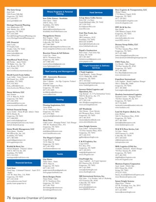 76 Grapevine Chamber of Commerce
The Gatts Group
Jason Gatts
2304 Forest Hills Rd.
Grapevine, TX 76051
(817) 410-9977
jason.gatts@lpl.com
Heritage Financial Planning
Steve Blankenship, CFP
4851 Merlot Ave., #520
Grapevine, TX 76051
(817) 410-2500
Steve@HeritageFinancialPlanning.com
www.HeritageFinancialPlanning.com
LPL Financial
Janice Lasley
99 Trophy Club
Trophy Club, TX 76262
(254) 644-5988
janice.lasley@lpl.com
www.360wm.net
MassMutual North Texas
Jeff Dearing - Agency Partner
550 Bailey Ave., Ste. 750
Fort Worth, TX 76107
(817) 334-2302
www.northtexas.massmutual.com
Merrill Lynch/Louie Sullins
Louie Sullins - Senior Financial Advisor
286 Grand Ave., #200
Southlake, TX 76092
(817) 410-3815
louie_sullins@ml.com
www.fa.ml.com/Winter_Taylor
Nexus Advisors, LLC
Judy Sherman
1111 S. Main St., #120
Grapevine, TX 76051
(817) 865-5030
jssherman@finsvcs.com
www.nexusadvisorsllc.com
Nichols Financial Group
Garry Nichols - Private Wealth Advisor/ Owner
829 S. Dooley St.
Grapevine, TX 76051
(817) 488-0905
garry.r.nichols@ampf.com
www.ameripriseadvisors.com/team/
nichols-financial-group
Quinn Wealth Management, LLC
Garry Quinn - President
546 Silicon Dr., Ste. 102
Southlake, TX 76092
(817) 380-5400
g.quinn@gquinncpa.com
www.gquinncpa.com
Waddell & Reed, Inc.
Michael Mangrum - Financial Advisor
1050 E. SH 114, Ste. 250
Southlake, TX 76092
(817) 310-5545
mmangrum@wradvisors.com
Cash Store
David Sung - Cottonwood Financial - Senior SEO
Analyst
1527 W. State Hwy. 114, #600
Grapevine, TX 76051
(817) 421-8158
www.cashstore.com/local/
payday-loans-grapevine-tx
Iron Tribe Fitness - Southlake
Dean Speers - Owner
2360 E. Hwy. 114
Southlake, TX 76092
(817) 789-9083
dspeers@irontribefitness.com
Southlake.IronTribeFitness.com
Orangetheory Fitness
Brett Hargrove - Owner
4709 Colleyville Blvd., Ste. 500
Colleyville, TX 76034
(817) 840-3400
bhargrove@orangetheoryfitness.com
www.orangetheoryfitness.com/colleyville
Reaction Fitness & Self Defense
Larry Clay - Owner
445 E. Northwest Hwy.
Grapevine, TX 76051
(817) 888-1692
reactionfitnessbjj@gmail.com
www.fightinspired.com
ARI - Automotive Resources
International
Marc Villalobos - Asst Mgr. Grapevine Technical
Resource Center
2550 SW Grapevine Pkwy.
Grapevine, TX 76051
(817) 251-4425
mvillalobos@arifleet.com
www.arifleet.com
Flooring Inspirations, LLC
Susan Moody
321 E. Northwest Hwy.
Grapevine, TX 76051
(817) 479-9823
s_d_moody@hotmail.com
Merit Floors
Cindy Larned - Managing Partner/ Sales Manager
1001 W. Northwest Hwy., #A
Grapevine, TX 76051
(817) 550-7994
cindy@meritfloorstx.com
www.meritfloorstx.com
Tim Hogan's Carpets
George Brenner - Manager
312 S. Main St.
Grapevine, TX 76051
(817) 481-8950
tonybrenner@msn.com
City Florist
Dawn Owens - Owner
430 S. Main St.
Grapevine, TX 76051
(817) 481-1539
grapevinecityflorist@gmail.com
www.grapevineflorist.com
Devin Designs Florist
Darla Denton - Owner
457 E. Northwest Hwy.
Grapevine, TX 76051
(817) 481-7818
devindesigns@verizon.net
devindesignsflowers.com
A Cup Above Coffee Service
Kevin Hill - Co-Owner
North Richland Hills, TX 76182
(817) 818-7632
kevin@acacoffee.com
acacoffee.com
Fork That Foods, Inc.
Sherry White
280 Commerce, #125
Southlake, TX 76092
844-EAT-HAPPY
sherry@forkthatfoods.com
www.forkthatfoods.com
PepsiCo Foodservices
Rich Crouch - Food Service Rep
Euless, TX 76106
(817) 401-4667
richard.crouch@pepsico.com
www.pepsico.com
1 Trade Logistics
Frank Ramirez - Station Manager
512 E. Dallas Rd., #200
Grapevine, TX 76051
(817) 310-0222
management@1tradelogistics.com
www.1tradelogistics.com
Aerostar Global Logistics and
Operations, Inc.
Serge Bernard - Sr. VP of International Services
9500 N. Royal Ln., Ste. 170
Irving, TX 75063
(877) 245-1100
info-dfw@aerostarglobal.com
www.aerostarglobal.com
AIT Worldwide
Sheri Matson - Ocean Operator
601 Westport Pkwy., #1601
Grapevine, TX 76051
(817) 481-4535
smatson@aitworldwide.com
www.aitworldwide.com
Aries Freight Systems
Gary Gilbert - International Mgr.
751 Port America Place, #425
Grapevine, TX 76051
(817) 424-3110
ggilbert@ariesfreight.com
C & H Logistics, Inc.
Craig Cherrett
P.O. Box 1955
Grapevine, TX 76099
(817) 329-9474
craigc@chlogistics.net
www.chlogistics.net
ClearFreight Inc.
Sonya Campbell - Air Export Supervisor
801 Hanover Dr., #150-B
Grapevine, TX 76051
(817) 421-2849
sonya@clearfreight.com
www.clearfreight.com
DJS International Services, Inc.
Paul Sekin - Vice President, Sales & Marketing
4215 Gateway Dr., #100
Colleyville, TX 76034
(972) 929-8433
paul.sekin@djsintl.com
www.DJSINTL.com
Dove Logistics & Transportation, LLC
Michael Thomas
1732 Minters Chapel, #100
Grapevine, TX 76051
(817) 329-5811
m.thomas@dovelogistics.com
www.dovelogistics.com
DSV Air & Sea Inc.
Rene Harboe
1300 Minters Chapel, #100
Grapevine, TX 76051
(817) 424-5111
rene.harboe@us.dsv.com
www.DSV.com/us
Dynasty Group Dallas, LLC
James Chiang
751 Port America Place, #600
Grapevine, TX 76051
(817) 421-5888
james.chiang@dynastydfw.com
www.dynastyworldwidelogisticsgroup.com
EMO Trans, Inc.
Eve Macella - Office Manager
755 Port America Pl., #343
Grapevine, TX 76051
(817) 481-8885
Eve.Macella@emotrans.com
www.emotrans.com
Expeditors International
Lorri Singleton - Branch Compliance Manager
506 E. Dallas Rd., #400
Grapevine, TX 76051
(817) 305-4000
lorri.singleton@expeditors.com
Headwin International Logistics
Raymond Counter - Managing Director
756 Port America Pl., Ste. 815
Grapevine, TX 76051
(817) 916-8620
raymond.counter@headwin-intl.com
www.headwin.com
Land Air Express (Kafco), Inc.
James Burleson
1061 E. Northwest Hwy., #100
Grapevine, TX 76051
(817) 481-5858
james@landairexpress.com
www.landairexpress.com
M & M X-Press Service, Ltd.
Ed Stone - Owner
4109 Gateway Ct., #100
Colleyville, TX 76034
(817) 424-0225
ed@mmxpressinc.com
mmxpressinc.com
MOL Logistics (USA) Inc.
Yoshitaka Takahashi - Branch Manager
750 Port America Pl., #300
Grapevine, TX 76051
(817) 481-9591
mlgdfw@mol-logistics.com
www.mol-logistics.com
Morrison Express Corporation
Saeed Ayoubi - District Mgr.
8101 Tristar Dr., #100
Irving, TX 75063
(972) 871-9222
Saeed_Ayoubi@MorrisonExpress.com
www.MorrisonExpress.com
Saturn Freight Systems
Miguel Reyes - Director
221 W. Exchange Ave., Ste. 205A
Fort Worth, TX 76164
(817) 223-4085
mreyes@saturnfreight.com
Financial Services
Fitness Programs & Personal
Training
Fleet Leasing and Management
Flooring
Florists
Food Services
Freight Forwarders & Delivery
Services
 