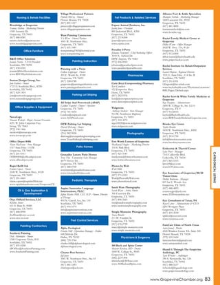 www.GrapevineChamber.org 83
CATEGORICALLISTING
Woodridge at Grapevine
Tammy Shelton - Marketing Director
1500 Autumn Dr.
Grapevine, TX 76051
(817) 488-8585
tammy.shelton@pcitexas.net
www.woodridgegrapevine.com
B&H Office Solutions
Jeannie Norris - CEO/President
Southlake, TX 76092
(817) 430-8345
jeannie@bhofficesolutions.com
www.BHOfficeSolutions.com
Statton Design Group, Inc.
Jom Statton - Owner
1725 E. Southlake Blvd., #290
Southlake, TX 76092
(817) 424-1414
jom@stattondesigngroup.com
www.stattondesigngroup.com
NovaCopy
Shannie Wolcott - Major Account Executive
4251 W. John Carpenter Fwy.
Irving, TX 75063
(972) 536-1466
swolcott@novacopy.com
www.novacopy.com
Office Depot #406
Shane MacFawn - Store Manager
1317 State Hwy. 114 W.
Grapevine, TX 76051
(817) 251-0311
ODS00406@officedepot.com
www.officedepot.com
Rapid Refill Ink
Elaine Capers - Owner
2100 W. Northwest Hwy., #120
Grapevine, TX 76051
(817) 251-4465
elaine.capers@rapidrefillink.net
www.rapidinkandtoner.com/GrapevineTX
Oryx Oilfield Services, LLC
Kristine Stoner
611 S. Main St. #400
Grapevine, TX 76051
(817) 488-8990
jhuffman@oryx-us.com
www.oryx-us.com
Southern Painting
Dale Altenhofen - Owner
1500 Corporate Circle, #18
Southlake, TX 76092
(817) 835-0208
SPOffice@SouthernPainting.com
www.SouthernPainting.com
Village Professional Painters
Patrick McCoy - Owners
Flower Mound, TX 75028
(817) 891-1017
pmccoy@villagepropainters.com
www.villagepropainters.com
Ware Painting Contractors
Vic Ware - Owner/Partner
1001 W. Northwest Hwy.
Grapevine, TX 76051
(817) 421-3481
warepainting1963@hotmail.com
www.warepainting.net
Painting with a Twist
Colleen Coppenger - Owner
203 E. Worth St., #100
Grapevine, TX 76051
(817) 328-8788
grapevine@paintingwithatwist.com
www.paintingwithatwist.com
All Stripe And Powerwash (ASAP)
Landon Esquivel - Owner - Operator
Grapevine, TX 76051
(972) 741-5654
Landon@asapwash.com
www.ASAPwash.com
DFW Parking Lot Striping
Darrell DeLong - Owner
Grapevine, TX 76051
(214) 982-9058
ddelong@texasparkinglotstriping.com
www.TexasParkingLotStriping.com
Grenadier Luxury Patio Homes
Tony Tim - Community Sales Manager
4679 Trevor Trl.
Grapevine, TX 76051
(817) 488-0700
tonytimm@grenadierhomes.com
www.GrenadierHomes.com
Aspire: Innovative Language
Interventions, PLLC
Jeffrey Marler, PhD, CCC-SLP - Owner, Director
of Therapy
430 N. Carroll Ave, Ste. 110
Southlake, TX 76092
(817) 416-5374
info@aspireinterventions.com
www.aspireinterventions.com
Alpha Ecological
Charles Hill - Operations Manager - Dallas
648 Midvale Dr.
Dallas, TX 75232
(800) 729-3764
charles.hill@alphaecological.com
alphaecological.com
Charter Pest Services
Jeff Jones
1001 W. Northwest Hwy., Ste. H
Grapevine, TX 76051
(817) 481-1693
charterpest@aol.com
Espree Animal Products, Inc.
Justin Jones - President
800 Industrial Blvd., #200
Grapevine, TX 76051
(817) 251-6300
jjones@espree.com
www.espree.com
Paradise 4 Paws
Johanna Newcomb - Chief Barketing Officer
3010 N. Airfield Dr.
DFW Airport, TX 75261
(972) 456-0010
johanna@paradise4paws.com
www.paradise4pawsdfw.com
Carie Boyd Compounding Pharmacy
Keri Caruthers
122 Grapevine Hwy.
Hurst, TX 76054
(817) 282-9376
keri@dentonprescription.com
www.dentonprescription.com
Walgreens
Anthony Steckler - Store Manager
912 W. Northwest Highway
Grapevine, Tx 76051
(817) 310-3072
mgr.02020@store.walgreens.com
www.walgreens.com
Fort Worth Camera of Grapevine
MacKenzie Hughes - Marketing Director
318 S. Park Blvd.
Grapevine, TX 76051
(817) 421-3187
mackenzie@fortworthcamera.com
www.fortworthcamera.com
Photos by Walt
Walt Mills
Grapevine, TX 76051
(817) 271-0353
Walt@PhotosByWalt.com
www.photosbywalt.com
Sarah Ware Photography
Sarah Ware - Artist, Owner
306 Crestview Dr.
Grapevine, TX 76051
(817) 896-2665
swp@sarahwarephotography.com
www.sarahwarephotography.com
Simple Moments Photography
Stacey Brooks
211 W. Franklin St.
Grapevine, TX 76051
(817) 676-2729
stacey@simple-moments.com
www.simple-moments.com
360 Back and Spine Center
Melanie Kinchen, MD - Doctor
1600 W. College St., #685
Grapevine, TX 76051
(682) 223-1406
mkinchen@360basc.com
www.360BackandSpine.com
Alliance Foot & Ankle Specialists
Mariann Nichols - Marketing Manager
1600 Lancaster Dr., #102
Grapevine, TX 76051
(817) 481-4000
mariannnichols@me.com
www.footdoc.org
Baylor Family Medical Center at
Grapevine
Dillon Warne - Office Manager
2020 W. Hwy. 114, #120
Grapevine, TX 76051
(817) 912-8300
dillon.warne@baylorhealth.edu
www.grapevinedocs.com
Baylor Institute for Rehab-Outpatient
Services
Laurel Dupont - Regional Director
3101 E. State Hwy., 114 Ste. B
Southlake, TX 76092
(817) 251-6351
LDupont@bir-rehab.com
www.baylorhealth.com/PhysiciansLocations/
BIR/Pages/Default.aspx
Baylor Scott & White Family Medicine at
Grapevine
Kay Sharpley - Administrator
1600 W. College St., Ste. LL10
Grapevine, TX 0
(817) 912-8510
kaybo@BaylorHealth.edu
www.BSWFamilyMedicineGrapevine.com
Brooks Eye Center
Taylor Brooks
1650 W. Northwest Hwy., #202
Grapevine, TX 76051
(817) 393-1790
info@brookseyecenter.com
www.brookseyecenter.com
Endocrine & Thyroid Center
Lina Prost - Manager
7141 Colleyville Blvd.
Colleyville, TX 76034
(817) 865-5315
lprost9@aol.com
www.ETCdocs.com
Eye Associates of Grapevine/20/20
Vision Clinic
Debbie Robinson - Manager
819 Ira E. Woods Ave.
Grapevine, TX 76051
(817) 488-4893
eyeassocgpv@aol.com
www.2020visionclinic.net
Eye Consultants of Texas, PA
Royce Labor - Administrator & CEO
2201 Westgate Plaza
Grapevine, TX 76051
(817) 410-2030
rglabor@eyecontx.com
www.eyectexas.com
FamCare Clinic of North Texas
Saira Jamal - Doctor
4320 Windsor Centre Trl., Suite 300
Flower Mound, TX 75028
(972) 539-1600
famcareclinicnt@gmail.com
www.sairajamalmd.com
Heard It Through The Grapevine
Audiology, PC
Tara Wheeler - Audiologist
190 S. Peytonville, Ste. 120
Southlake, TX 76092
(817) 488-1637
twheeler@htgaudiology.com
www.grapevineaudiology.com
Nursing & Rehab Facilities
Office Furniture
Office Supplies & Equipment
Oil & Gas Exploration &
Development
Painting Contractors
Painting Instruction
Parking Lot Striping
Patio Homes
Pediatric Therapists
Pest Control Services
Pet Products & Related Services
Pharmacies
Photography
Physicians & Surgeons
 