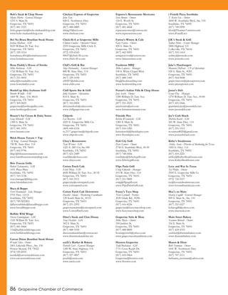 86 Grapevine Chamber of Commerce
Bob's Steak & Chop House
Monte Morris - General Manager
1255 S. Main St.
Grapevine, TX 76051
(817) 481-5555
bobs.grapevine@bobs-steakandchop.com
www.bobs-steakandchop.com
Boi Na Braza Brazilian Steak House
Joshua Matheus - GM
4025 William D. Tate Ave.
Grapevine, TX 76051
(817) 329-5514
boinabraza.dfw@boinabraza.com
www.boinabraza.com
Bone Daddy's House of Smoke
Mike Robinson - GM
1720 William D. Tate Ave.
Grapevine, TX 76051
(817) 251-0835
miker@bonedaddys.com
www.bonedaddys.com
BottleCap Alley Icehouse Grill
Brooke Weddle - GM
1469 W. Hwy. 114, #614
Grapevine, TX 76051
(817) 305-0025
grapevine@bottlecapalley.com
www.bottlecapalley.com
Braum's Ice Cream & Dairy Stores
Greg Minnick - GM
1300 S. Main St.
Grapevine, TX 76051
(817) 481-5951
www.braums.com
Brick House Tavern + Tap
AJ King - General Manager
700 W. State Hwy. 114
Grapevine, TX 76051
(817) 442-9796
bhgv@bhouserestaurants.com
www.brickhousetavernandtap.com
Brio Tuscan Grille
Robert Talamantez - GM
1431 Plaza Place
Southlake, TX 76092
(817) 310-3136
sout.manager@bbrg.com
www.brioitalian.com
Buca di Beppo
Terri Hammond - Sales Manager
2701 Hwy. 114 E.
Southlake, TX 76092
(817) 749-MAMA
dallassouthlake@bucadibeppo.com
www.bucadibeppo.com
Buffalo Wild Wings
Steven Cunningham - GM
1525 William D. Tate Ave.
Grapevine, TX 76051
(817) 481-9464
116@buffalowildwings.com
www.buffalowildwings.com
Carvao Prime Brazilian Steak House
Wendel Silva - Owner
2401 Lakeside Pkwy., Ste. 150
Flower Mound, TX 75022
(972) 539-8555
wendel@carvaosteakhouse.com
www.carvaosteakhouse.com
Chicken Express of Grapevine
John Tate
828 E. Northwest Hwy.
Grapevine, TX 76051
(817) 488-0889
ttking10@aol.com
www.chickene.com
Chick-fil-A at Grapevine Mills
Clinton Cowden - Operator/Owner
2255 Grapevine Mills Circle E.
Grapevine, TX 76051
(972) 539-6543
00657@chick-fil-a.com
www.chick-fil-a.com
Chili's Grill & Bar
Skye Hernandez - General Manager
800 W. State Hwy. 114
Grapevine, TX 76051
(817) 329-1030
c00207@chilis.com
www.chilis.com
Chill Sports Bar & Grill
Julia Sizemore - Operations
814 S. Main St.
Grapevine, TX 76051
(817) 310-0004
dirtymurdoch@yahoo.com
www.chillgrapevine.com
Chipotle
Leo Beccerra - GM
2225 E. Grapevine Mills Cir.
Grapevine, TX 76051
(469) 444-6318
tx.2117.grapevine@chipotle.com
www.chipotle.com
Chuy's Restaurants
Nate Werner - GM
1221 E. SH 114, Ste.100
Southlake, TX 76092
(817) 421-2489
southlake@chuys.com
www.chuys.com
Cotton Patch Cafe
Erich Mota - GM
4020 William D. Tate Ave., #118
Grapevine, TX 76051
(817) 545-5511
grapevine@cottonpatch.com
www.cottonpatch.com
Cotton Patch Cafe Downtown
Heather Adams - Marketing Coordinator
129 South Main St., #155
Grapevine, TX 76051
(817) 251-2393
grapevinemainst@cottonpatch.com
www.CottonPatch.com
Dino's Steak and Claw House
Tony Hasbini - GM
342 S. Main St.
Grapevine, TX 76051
(817) 488-3100
dinossteakandclaw@verizon.net
www.dinossteakandclaw.net
eatZi's Market & Bakery
Patrick Cash - General Manager
1200 W. State Highway 114
Grapevine, TX 76051
(817) 527-4007
pcash@eatzis.com
www.eatzis.com
Esparza's Restaurante Mexicano
Steve Brown - Owner
124 E. Worth St.
Grapevine, TX 76051
(817) 481-4668
esparzastexmex@verizon.net
www.esparzastexas.com
Farina's Winery & Cafe
Gary Farina - Owner
420 S. Main St.
Grapevine, TX 76051
(817) 442-9095
antiquerevival@verizon.net
www.farinaswinery.com
Feedstore BBQ
Mike Lafavers - Manager
530 S. White Chapel Blvd.
Southlake, TX 76092
(817) 488-1445
bbq@feedstorebbq.com
www.feedstorebbq.com
Ferrari's Italian Villa & Chop House
Jane Secchi - Owner
1200 William D. Tate Ave.
Grapevine, TX 76051
(817) 251-2525
janeferraris@aol.com
www.ferrarisrestaurant.com
Fireside Pies
Kristin Wisniewski - GM
1285 S. Main St.
Grapevine, TX 76051
(817) 416-1285
kwisniewski@firesidepies.com
www.firesidepies.com
Fish City Grill
Dave Garner - Owner
2750 E. Southlake Blvd., #130
Southlake, TX 76092
(817) 748-0456
southlake@fishcitygrill.com
www.fishcitygrill.com
Flips Patio Grill
Craig Edwards - Manager
415 W. State Hwy. 114
Grapevine, TX 76051
(817) 251-9800
craig@flipsgrill.com
www.FlipsPatioGrill.com
Fuzzy's Taco Shop
Nick Cartmill - Partner
2030 Glade Rd., #296
Grapevine, TX 76051
(817) 416-8226
grapevine@fuzzystacoshop.com
www.fuzzystacoshop.com
Grapevine Subs & More
Mike Myers - Owner
104 Jenkins St.
Grapevine, TX 76051
(817) 488-8800
fcorangecrush@yahoo.com
www.grapevinesubsandmore.com
Hooters Grapevine
Todd Buchanan - GM
1711 Cross Roads Dr.
Grapevine, TX 76051
(817) 410-9464
Grapevine@hooters.com
www.Hooters.com
i Fratelli Pizza Southlake
T. Kevin Fox - Owner
2600 W. Southlake Blvd., Ste. 110
Southlake, TX 76092
(817) 749-0990
kfox@Thomas-Carstens.com
www.iFratelli.net
J.R.'s Steak & Grill
Sydney Potter - Events Manager
5400 Highway 121
Colleyville, TX 76034
(817) 355-1414
sydney@jrssteaks.com
www.jrssteaks.com
Jake's Hamburgers
Maureen DuPaul - VP of Operations
520 S. Main St., #201
Grapevine, TX 76051
(817) 564-0048
grapevinecow@jakesuptown.com
www.jakesuptown.com
Jason's Deli
Grant Day - Manager
1270 William D. Tate Ave., #100
Grapevine, TX 76051
(817) 421-0566
grantland.day@jasonsdeli.com
www.jasonsdeli.com
Joe's Crab Shack
Marsha Koster - GM
201 W. State Hwy. 114
Grapevine, TX 76051
(817) 251-1515
m.warren8020@gmail.com
www.joescrabshack.com
Kirby's Steakhouse
Ashley Avery - Director of Marketing for Texas
3305 E. Hwy. 114
Southlake, TX 76092
(817) 410-2221
ashley@KirbysSteakhouse.com
www.KirbysSteakhouse.com
Love and War In Texas
Tye Phelps - Owner
2505 E. Grapevine Mills Cr.
Grapevine, TX 76051
(972) 724-5557
tye@loveandwarintexas.com
www.loveandwarintexas.com
Mac's on Main
Harvey Cogdill - General Manager
909 S. Main St., Ste. 110
Grapevine, TX 76051
(817) 251-6227
kobicogdil@yahoo.com
www.macsteak.com
Main Street Bakery
Yasmine Bohsali - Owner
316 S. Main St.
Grapevine, TX 76051
(817) 424-4333
yasmine@themainbakery.com
www.themainbakery.com
Mason & Dixie
Beth Newman - Owner
1641 W. Northwest Hwy.
Grapevine, TX 76051
(817) 707-2111
bethanne_newman@yahoo.com
 