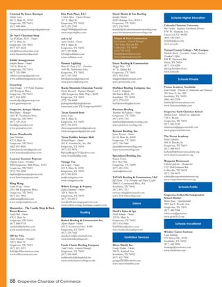 88 Grapevine Chamber of Commerce
Crowned By Grace Boutique
Mindy Lynn
601 S. Main St., #103
Grapevine, TX 76051
(817) 488-4800
crownedbygraceboutique@gmail.com
Dr. Sue's Chocolate Shop
Sue Williams, M.D. - Owner
417 S. Main St.
Grapevine, TX 76051
(817) 527-4424
info@drsueschocolate.com
www.drsueschocolate.com
Edible Arrangements
Jennifer Brown - Owner
124 N. Main St.
Grapevine, TX 76051
(817) 329-5900
edibleconcierge@gmail.com
www.ediblearrangements.com
GameStop
Matt Hodges - VP Public Relations
625 Westport Pkwy.
Grapevine, TX 76051
(817) 424-2000
matthodges@gamestop.com
www.gamestop.com
Grapevine Antique Market
Brad Raitz - Manager
1641 W. Northwest Hwy.
Grapevine, TX 76051
(817) 329-2124
brad@gvamarket.com
www.gvamarket.com
Karma Handicrafts
Juna Sherchan
422 S. Main St.
Grapevine, TX 76051
(682) 651-8666
karmahandicrafts@gmail.com
www.karmahandicraftsus.com
Lonestar Gourmet Popcorn
Daphne Cason - President
3000 Grapevine Mills Pkwy., #323
Grapevine, TX 76051
(972) 355-5208
daphne@lonestarpopcorn.com
www.lonestarpopcorn.com
Ming Wang
Eddie Wang - Owner
2551 SW Grapevine Pkwy.
Grapevine, TX 76051
(817) 251-7802
eddiewang@toula.com
www.mingwangknits.com
Munnerlyn - The Candle Shop & Back
Room Reserve
Sandy Bell - Owner
426 S. Main St.
Grapevine, TX 76051
(817) 488-0759
sandybell@sbellinc.com
www.munnerlyninc.com
Off the Vine
Holly Donnelly - President
324 S. Main St.
Grapevine, TX 76051
(817) 421-1091
holly@offthevinetexas.com
www.offthevinetexas.com
One Posh Place, LLC
Valorie Muse - Owner/Partner
317 S. Main St.
Grapevine, TX 76051
(817) 251-3945
valgal75006@gmail.com
www.myposhplace.com
ooh la la!
Sylvia Helton - Owner
408 S. Main St.
Grapevine, TX 76051
(817) 329-8686
sylvia@oohlalatx.com
www.oohlalatx.com
Passion Lighting
Bruce D. Paul, CLC - President
1649 W. Northwest Hwy.
Grapevine, TX 76051
(817) 310-3261
info@passionlighting.com
www.passionlighting.com
Rocky Mountain Chocolate Factory
Darla Maxwell - Regional Manager
3000 Grapevine Mills Pkwy., #258
Grapevine, TX 76051
(972) 724-6868
pjslingerland@sbcglobal.net
www.rmcf.com/TX/Grapevine50307/
Texas General Store
Jessica Cruz
406 S. Main St.
Grapevine, TX 76051
(817) 756-6476
thetexasgeneralstore@gmail.com
www.texasgeneralgrapevine.com
Texas Peddler Antique Mall
Richard Rogers - Owner
201 E. Franklin St., Ste. 200
Grapevine, TX 76051
(817) 251-9876
RichardRogers767@yahoo.com
www.TexasPeddler.com
Vintage Tex
Jen Cooper - Owner
603 S. Main St. #300
Grapevine, TX 76051
(817) 946-6455
jen@vintagetex.com
www.vintagetex.com
Willow Cottage & Soapery
Kathy Diamond - Owner
326 S. Main St.
Grapevine, TX 76051
(817) 310-0472
new@willowcottagegrapevine.com
www.willow-cottage-boutique-soapery.com
Buford Roofing & Construction Inc.
Maury Buford - Owner
402 E Northwest Hwy. #200
Grapevine, TX 76051
(817) 329-7663
danabuford@rocketmail.com
www.bufordroofing.com
Castle Classic Roofing Company
Todd Crosby - General Manager
Grapevine, TX 76051
(817) 528-4669
toddcrosbylc@sbcglobal.net
www.castleclassicroofingco.com
David Martin & Son Roofing
Jennifer Martin
4100 Heritage Ave., #105-1
Grapevine, TX 76051
(817) 236-9898
jennifer@davidmartinandsonroofing.com
www.davidmartinandsonroofing.com
Green Roofing & Construction
Maggie May - VP
417 E. Dallas Rd.
Grapevine, TX 76051
(817) 562-3332
maggiem@greenrandc.com
www.greenrandc.com
Huffaker Roofing Company, Inc.
Larry E. Huffaker
880 Davis Blvd., #C
Southlake, TX 76092
(817) 379-6533
huffakerroofing@aol.com
Premium Roofing
Matthew McNicholas - Owner
Grapevine, TX 76051
(817) 690-1754
matthew@premium-roofing.com
www.premium-roofing.com
Ryerson Roofing, Inc.
James Ryerson - Owner
611 S. Main St., #400
Grapevine, TX 76051
(817) 756-7686
james@ryersonroofing.com
www.ryersonroofing.com
Specialized Roofing, Inc.
Ramon Urreta
P.O. Box 966
Grapevine, TX 76099
(817) 481-2116
rurreta@msn.com
TriVAN Roofing & Construction, LLC
Jeff Dyson - Vice President and Project Leader
2000 E. Continental Blvd., #A
Southlake, TX 76092
(817) 891-7313
trivanroofing@trivanweb.com
www.TriVANroofing.com
Heidi's Salon & Spa
Heidi Kilman - Owner
120 N. Main St.
Grapevine, TX 76051
(817) 416-5666
heidikilman@yahoo.com
www.heidissalonandspa.com
Micro Shield, Inc.
George Dalton - Owner
500 N. Kimball Ave.
Southlake, TX 76092
(817) 421-7800
georged202@hotmail.com
www.microshieldinc.com
Colorado Christian University
Ben Furlow - Regional Enrollment Director
8787 W. Alameda Ave.
Lakewood, CO 80226
(469) 530-0383
bsfurlow@ccu.edu
www.ccu.edu
Tarrant County College - NE Campus
Michelle Burris - Executive Admin Assitant /
President's Office
828 W. Harwood Rd.
Hurst, TX 76054
(817) 515-6200
allen.goben@tccd.ecu
www.tccd.edu
Fusion Academy Southlake
Jenni Hubby - Director of Admissions and Outreach
301 State S., Ste. 200
Southlake, TX 76092
(866) 465-2558
jhubby@fusionacademy.com
www.fusionsouthlake.com
Grapevine Faith Christian School
Marion Greer - Director of Admissions
730 E. Worth
Grapevine, TX 76051
(817) 442-9144
admissions@grapevinefaith.com
www.grapevinefaith.com
The Novus Academy
Kathy Edwards
204 N. Dooley St.
Grapevine, TX 76051
(817) 488-4555
kedwards@thenovusacademy.org
www.thenovusacademy.org
Waypoint Montessori
Edward Jackson - Headmaster
1513 Hall-Johnson Rd.
Colleyville, TX 76034
(817) 354-6670
admin@waypointmontessori.org
www.waypointmontessori.org
Grapevine-Colleyville Independent
School District
Robin Ryan - Superintendent
3051 Ira E. Woods Ave.
Grapevine, TX 76051
(817) 488-9588
robin.ryan@gcisd.net
www.gcisd-k12.org
Windsor Career Institute
Lana Rutledge
551 Silicon Dr., #100
Southlake, TX 76092
(817) 442-9696
lrutledge@windsorci.com
www.windsorci.com
Roofing
Draper & Sons Construction
Ian Lawson - General Manager
7212 John McCain Rd.
Colleyville, TX 76039
(214) 794-6162
ian@draperandsons.com
www.draperandsons.com
Salons
Sanitation Services
Schools-Higher Education
Schools-Private
Schools-Public
Schools-Vocational
 