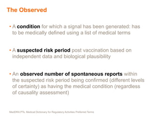 The Observed
• A condition for which a signal has been generated: has
to be medically defined using a list of medical terms
• A suspected risk period post vaccination based on
independent data and biological plausibility
• An observed number of spontaneous reports within
the suspected risk period being confirmed (different levels
of certainty) as having the medical condition (regardless
of causality assessment)
MedDRA PTs, Medical Dictionary for Regulatory Activities Preferred Terms
 
