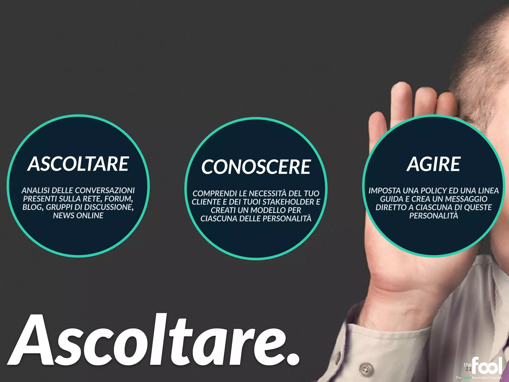 ASCOLTARE 
! 
ANALISI DELLE CONVERSAZIONI 
PRESENTI SULLA RETE, FORUM, 
BLOG, GRUPPI DI DISCUSSIONE, 
NEWS ONLINE 
CONOSCERE 
! 
COMPRENDI LE NECESSITÀ DEL TUO 
CLIENTE E DEI TUOI STAKEHOLDER E 
CREATI UN MODELLO PER 
CIASCUNA DELLE PERSONALITÀ 
AGIRE 
! 
IMPOSTA UNA POLICY ED UNA LINEA 
GUIDA E CREA UN MESSAGGIO 
DIRETTO A CIASCUNA DI QUESTE 
PERSONALITÀ 
11 Ascoltare. 
 