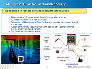 10
Multi-sensor Fusion for Robot-assisted Sensing
www.ese.wustl.edu
Cloud point
from 3D
vision
Possible
gas / heat
source
(ROI)
Source
direction
and intensity
• Robot carries 2D camera and thermal / microphone array
• 3D reconstruction from the 2D vision
• Estimation of Heat / sound Source through passive directional signal
processing
• Fusion of thermal / acoustic map with optical 3D – computational
thermography and audiography
• Gas Sensors planned in future
Application in remote sensing in hazard-prone areas
 