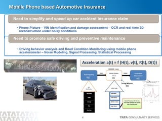 6
Mobile Phone based Automotive Insurance
• Phone Picture – VIN identification and damage assessment – OCR and real-time 3D
reconstruction under noisy conditions
Need to simplify and speed up car accident insurance claim
• Driving behavior analysis and Road Condition Monitoring using mobile phone
accelerometer – Noise Modeling, Signal Processing, Statistical Processing
Need to promote safe driving and preventive maintenance
Acceleration a(t) = f (H(t), v(t), R(t), D(t))
 