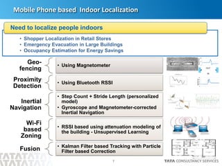 7
• Shopper Localization in Retail Stores
• Emergency Evacuation in Large Buildings
• Occupancy Estimation for Energy Savings
Need to localize people indoors
Mobile Phone based Indoor Localization
Geo-
fencing
• Using Magnetometer
Proximity
Detection
• Using Bluetooth RSSI
Inertial
Navigation
• Step Count + Stride Length (personalized
model)
• Gyroscope and Magnetometer-corrected
Inertial Navigation
Wi-Fi
based
Zoning
• RSSI based using attenuation modeling of
the building - Unsupervised Learning
Fusion • Kalman Filter based Tracking with Particle
Filter based Correction
 