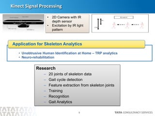 9
• Unobtrusive Human Identification at Home – TRP analytics
• Neuro-rehabilitation
Application for Skeleton Analytics
Kinect Signal Processing
Research
– 20 joints of skeleton data
– Gait cycle detection
– Feature extraction from skeleton joints
– Training
– Recognition
– Gait Analytics
• 2D Camera with IR
depth sensor
• Excitation by IR light
pattern
 