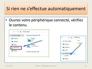 Si rien ne s’effectue automatiquement
• Ouvrez votre périphérique connecté, vérifiez
le contenu.
07/12/2017 @telier - Médiathèque de Lorient 28
 