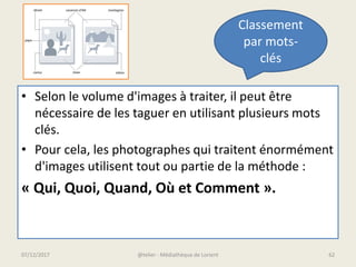• Selon le volume d'images à traiter, il peut être
nécessaire de les taguer en utilisant plusieurs mots
clés.
• Pour cela, les photographes qui traitent énormément
d'images utilisent tout ou partie de la méthode :
« Qui, Quoi, Quand, Où et Comment ».
Classement
par mots-
clés
@telier - Médiathèque de Lorient07/12/2017 62
 
