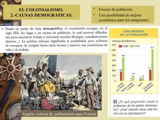 EL COLONIALISMO.
2.-CAUSAS DEMOGRÁFICAS.
 Exceso de población.
 Una posibilidad de mejora
económica para los emigrantes.
Argelia, colonia de poblamiento para Francia
 