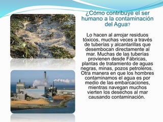 ¿Cómo contribuye el ser
humano a la contaminación
del Agua?
Lo hacen al arrojar residuos
tóxicos, muchas veces a través
de tuberías y alcantarillas que
desembocan directamente al
mar. Muchas de las tuberías
provienen desde Fábricas,
plantas de tratamiento de aguas
negras, minas, pozos petroleros.
Otra manera en que los hombres
contaminamos el agua es por
medio de las embarcaciones,
mientras navegan muchos
vierten los desechos al mar
causando contaminación.
 