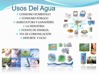 Usos Del Agua
 CONSUMO DOMÉSTICO
 CONSUMO PÚBLICO
 AGRICULTURA Y GANADERÍA
 LA INDUSTRIA
 FUENTE DE ENERGÍA
 VÍA DE COMUNICACIÓN
 DEPORTE Y OCIO
 