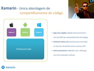 Xamarin - Unica abordagem de
compartilhamento de código.
C# Shared Code
• App mais rápidas: Rápido desenvolvimento
com até 99% de compartilhamento de códigos.
• Somente nativo: desenvolvimento com todos
os recursos de performance e acesso a API.
• Fácil crescimento: Podendo ir de 1-100 apps
com time reduzido e esforço.
 