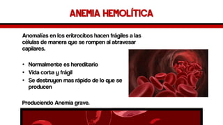 Anemia hemolítica 
Anomalías en los eritrocitos hacen frágiles a las células de manera que se rompen al atravesar capilares. 
•Normalmente es hereditario 
•Vida corta y frágil 
•Se destruyen mas rápido de lo que se producen 
Produciendo Anemia grave.  