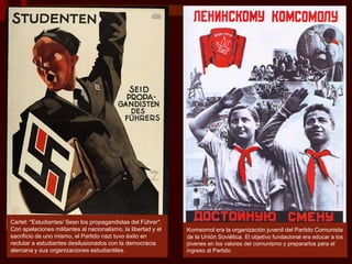 Komsomol era la organización juvenil del Partido Comunista
de la Unión Soviética. El objetivo fundacional era educar a los
jóvenes en los valores del comunismo y prepararlos para el
ingreso al Partido.
Cartel: "Estudiantes/ Sean los propagandistas del Führer".
Con apelaciones militantes al nacionalismo, la libertad y el
sacrificio de uno mismo, el Partido nazi tuvo éxito en
reclutar a estudiantes desilusionados con la democracia
alemana y sus organizaciones estudiantiles.
 