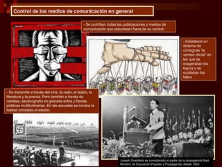 Control de los medios de comunicación en general
- Estableció un
sistema de
consignas “la
verdad oficial” en
las que se
exageraban los
logros y se
ocultaban los
fallos
- Se prohíben todas las publicaciones y medios de
comunicación que estuviesen fuera de su control.
- Se transmite a través del cine, la radio, el teatro, la
literatura y la prensa. Pero también a través de
carteles, escenografía en grandes actos y fiestas
públicas multitudinarias. En las escuelas se inculca la
lealtad completa al estado.
Joseph Goebbels es considerado el padre de la propaganda Nazi.
Ministro de Educación Popular y Propaganda, desde 1933
 