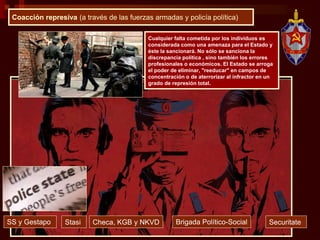 Coacción represiva (a través de las fuerzas armadas y policía política)
SS y Gestapo Stasi Checa, KGB y NKVD Brigada Político-Social Securitate
Cualquier falta cometida por los individuos es
considerada como una amenaza para el Estado y
éste la sancionará. No sólo se sanciona la
discrepancia política , sino también los errores
profesionales o económicos. El Estado se arroga
el poder de eliminar, "reeducar" en campos de
concentración o de aterrorizar al infractor en un
grado de represión total.
 