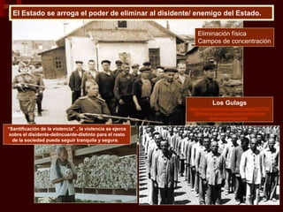 El Estado se arroga el poder de eliminar al disidente/ enemigo del Estado.
Eliminación física
Campos de concentración
Los Gulags
https://www.xlsemanal.com/actualidad/201705
03/territorio-gulag-los-campos-del-horror-
stalin-prisioneros.html
“Santificación de la violencia" , la violencia se ejerce
sobre el disidente-delincuente-distinto para el resto
de la sociedad pueda seguir tranquila y segura.
 