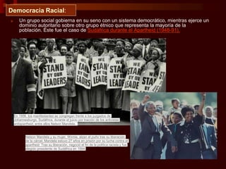 Democracia Racial:
■ Un grupo social gobierna en su seno con un sistema democrático, mientras ejerce un
dominio autoritario sobre otro grupo étnico que representa la mayoría de la
población. Éste fue el caso de Sudáfrica durante el Apartheid (1948-91).
En 1956, los manifestantes se congregan frente a los juzgados de
Johannesburgo, Sudáfrica, durante el juicio por traición de los activistas
antiapartheid, entre ellos Nelson Mandela.
Nelson Mandela y su mujer, Winnie, alzan el puño tras su liberación
de la cárcel. Mandela estuvo 27 años en prisión por su lucha contra el
apartheid. Tras su liberación, negoció el fin de la política racista y fue
elegido presidente de Sudáfrica en 1994.
 