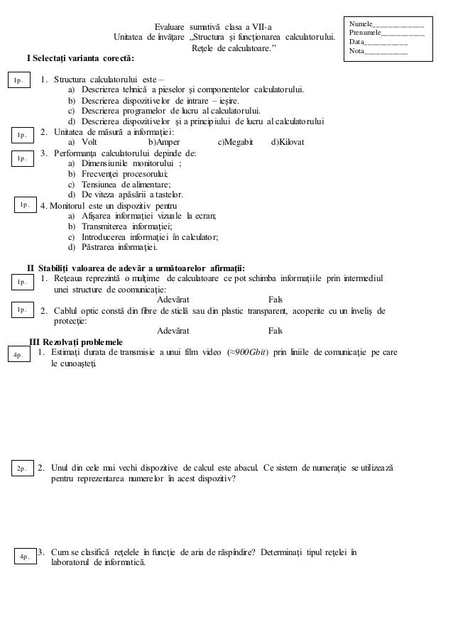 0 Evaluare Sumativa Clasa A 7