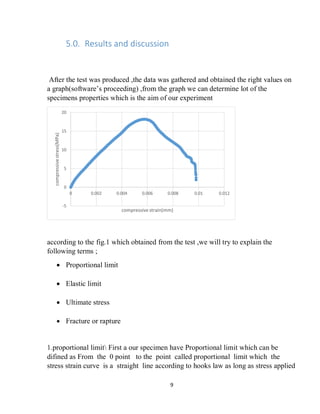 9
5.0. Results and discussion
After the test was produced ,the data was gathered and obtained the right values on
a graph(software’s proceeding) ,from the graph we can determine lot of the
specimens properties which is the aim of our experiment
according to the fig.1 which obtained from the test ,we will try to explain the
following terms ;
 Proportional limit
 Elastic limit
 Ultimate stress
 Fracture or rapture
1.proportional limit First a our specimen have Proportional limit which can be
difined as From the 0 point to the point called proportional limit which the
stress strain curve is a straight line according to hooks law as long as stress applied
-5
0
5
10
15
20
0 0.002 0.004 0.006 0.008 0.01 0.012
compressivestress(MPa)
compressive strain(mm)
 