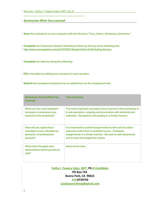 Resume: Cathy J. Towery Sales, MFT, Ed. D
Summarize What You Learned
Save this worksheet to your computer with the filename "Your_Name_Workshop_Summary."
Complete the Classroom Student Workshop Follow-up Survey at the following link:
http://www.surveygizmo.com/s3/1979051/Student-End-of-Workshop-Survey.
Complete the table by doing the following:
Fill in the table by adding your answers to each question.
Submit the completed worksheet as an attachment via the Assignment tab.
Questions About What You
Learned
Your Answers
What are the most important
concepts or processes you
learned in this workshop?
The most important concepts I have learned in this workshop is
to ask questions, ongoing communication with students and
instructor. Navigation and posting in a timely manner.
How will you apply these
concepts in your educational,
personal, or professional
pursuits?
It is important to submit assignments on time and to utilize
resouces online that is available to you. Complete
assignments in a timely manner. Be sure to edit documents
and to view all assignment videos.
What other thoughts and
observations would you like to
add?
None at this time.
Cathy J. Towery Sales, MFT, Ph.D Candidate
PO Box 743
Buena Park, CA 90621
714 8730756
cjsaleseverything@gmail.com
1
 