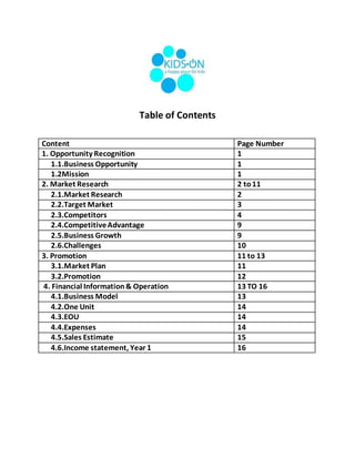 Table of Contents
Content Page Number
1. Opportunity Recognition 1
1.1.Business Opportunity 1
1.2Mission 1
2. Market Research 2 to11
2.1.Market Research 2
2.2.Target Market 3
2.3.Competitors 4
2.4.CompetitiveAdvantage 9
2.5.Business Growth 9
2.6.Challenges 10
3. Promotion 11 to 13
3.1.Market Plan 11
3.2.Promotion 12
4. Financial Information& Operation 13 TO 16
4.1.Business Model 13
4.2.One Unit 14
4.3.EOU 14
4.4.Expenses 14
4.5.Sales Estimate 15
4.6.Income statement, Year 1 16
 