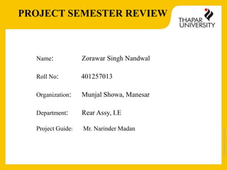 Copyright2013-2014
PROJECT SEMESTER REVIEW
Name: Zorawar Singh Nandwal
Roll No: 401257013
Organization: Munjal Showa, Manesar
Department: Rear Assy, I.E
Project Guide: Mr. Narinder Madan
 