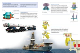 1312
VetcoGray MR-6E riser
With this dog-style riser connection, the dogs in the box are driven
into the profile in the pin for a fully preloaded connection. The design
improves resistance to high tensile loads and large bending moments
that are common with deepwater drilling operations. The VetcoGray
MR-6E is lightweight, simple to operate and fast to run, rated for
two million pounds (API 16R Class E) and offers low make-up torque
(950 ft-lbs). MR-6E couplings can be used interchangeably with
MR-6D couplings.
MR-6E box "0" ring primary seal
Actuating screw
"0" ring trash seal
MR-6E pin
VetcoGray MR-6H riser adapter
Building on the breakthrough VetcoGray MR-6H SE riser coupling and
our proven dog-style riser design, this new adapter is self-contained
and designed to be run without a spider. It greatly improves safety
by eliminating the need to suspended personnel, heavy tools and
bolts over the stack and moon pool during make-up. It avoids
traditional clearance restrictions and significantly reduces the time
to make/break the connection.
VetcoGray MR-6H SE riser
This new VetcoGray riser is an award-winning, fully-automated
and rated for 3.5 million pounds (API class H). Its innovative yet
simple design utilizes our field-proven H-4 and MR technologies, and
contains very few parts for optimized operation and maintenance.
The highly preloaded coupling with efficient load path enables
optional use of a metal seal for higher-pressure conditions. The
modularized hydraulic handling spider providesall mechanisms
required for make-up and break-out with minimal intervention
personnel – significantly improving make/break time and safety at
the same time. The spider design allows quick change-out of key
subassemblies during riser running operations.
MR-6H SE exploded view
MR-6H SE assembled
MR-6H SE profile
Marine Riser Systems
VetcoGray’s marine riser systems are the most widely used
and respected in the world. With pioneering designs, consistent
product support, and field proven designs, VetcoGray marine riser
systems help set the benchmark for reliability, deepwater
performance, ease of use, and safety. GE Oil & Gas is committed
to partnering with our customers to deliver new technologies,
breakthrough designs, and vital product support throughout the
life of your riser system.
 