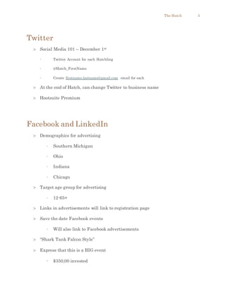 The Hatch 3
Twitter
 Social Media 101 – December 1st
- Twitter Account for each Hatchling
- @Hatch_FirstName
- Create firstname.lastname@gmail.com email for each
 At the end of Hatch, can change Twitter to business name
 Hootsuite Premium
Facebook and LinkedIn
 Demographics for advertising
- Southern Michigan
- Ohio
- Indiana
- Chicago
 Target age group for advertising
- 12-65+
 Links in advertisements will link to registration page
 Save the date Facebook events
- Will also link to Facebook advertisements
 “Shark Tank Falcon Style”
 Express that this is a BIG event
- $350,00 invested
 