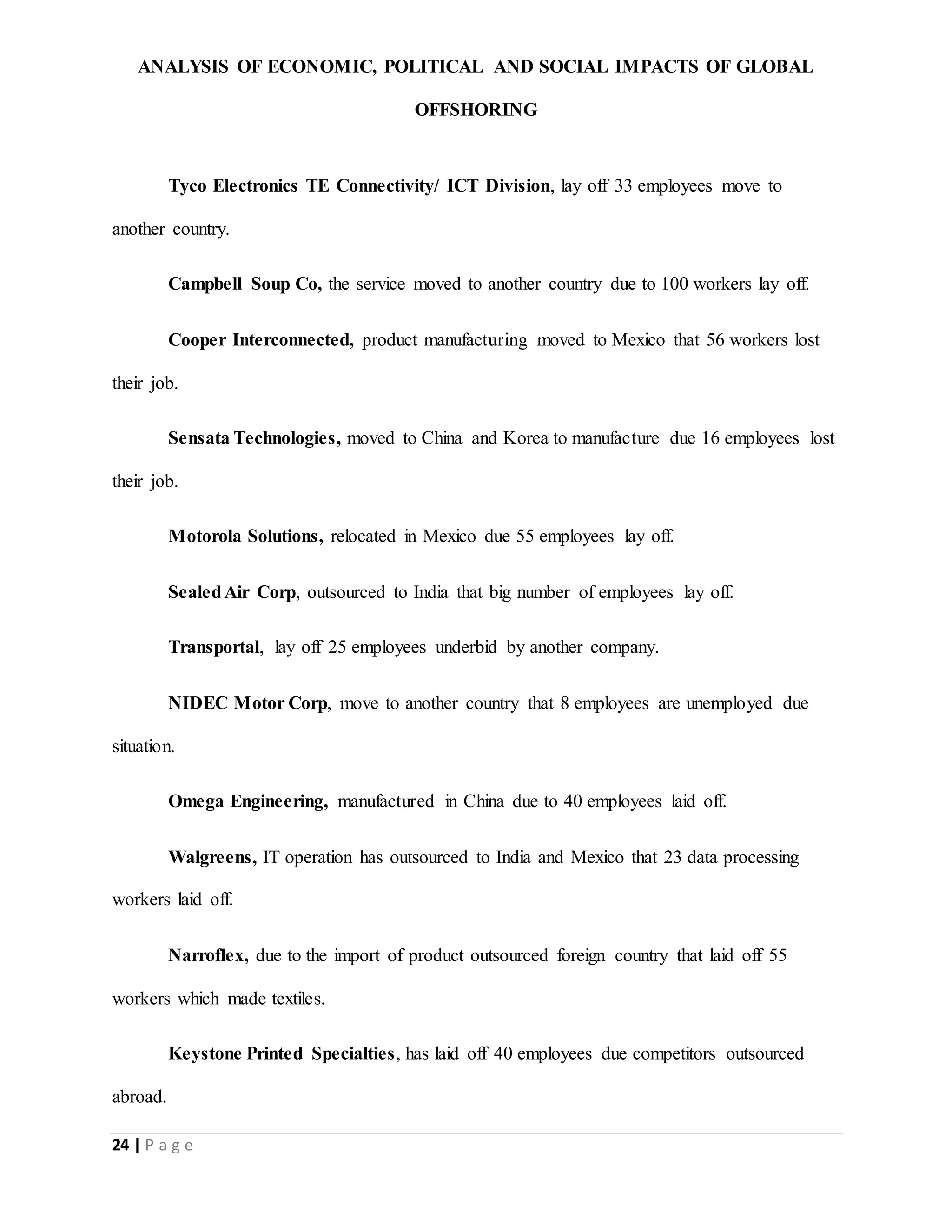 ANALYSIS OF ECONOMIC, POLITICAL AND SOCIAL IMPACTS OF GLOBAL
OFFSHORING
24 | P a g e
Tyco Electronics TE Connectivity/ ICT Division, lay off 33 employees move to
another country.
Campbell Soup Co, the service moved to another country due to 100 workers lay off.
Cooper Interconnected, product manufacturing moved to Mexico that 56 workers lost
their job.
Sensata Technologies, moved to China and Korea to manufacture due 16 employees lost
their job.
Motorola Solutions, relocated in Mexico due 55 employees lay off.
SealedAir Corp, outsourced to India that big number of employees lay off.
Transportal, lay off 25 employees underbid by another company.
NIDEC Motor Corp, move to another country that 8 employees are unemployed due
situation.
Omega Engineering, manufactured in China due to 40 employees laid off.
Walgreens, IT operation has outsourced to India and Mexico that 23 data processing
workers laid off.
Narroflex, due to the import of product outsourced foreign country that laid off 55
workers which made textiles.
Keystone Printed Specialties, has laid off 40 employees due competitors outsourced
abroad.
 